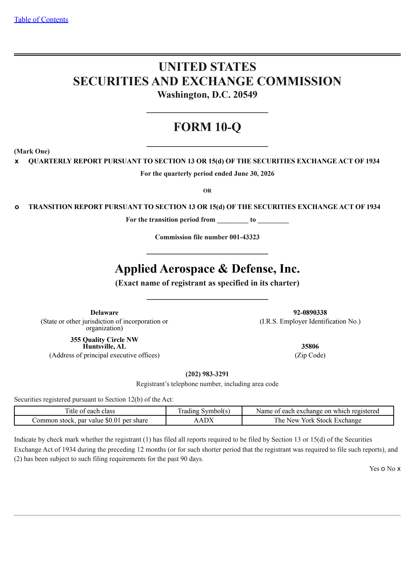 Applied Aerospace & Defense's Q2 2026 Quarterly report
