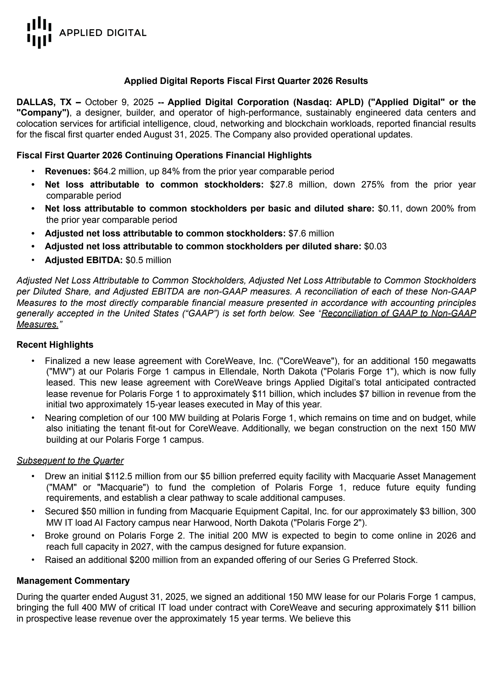 Applied Digital's Q1 2026 Earnings Release