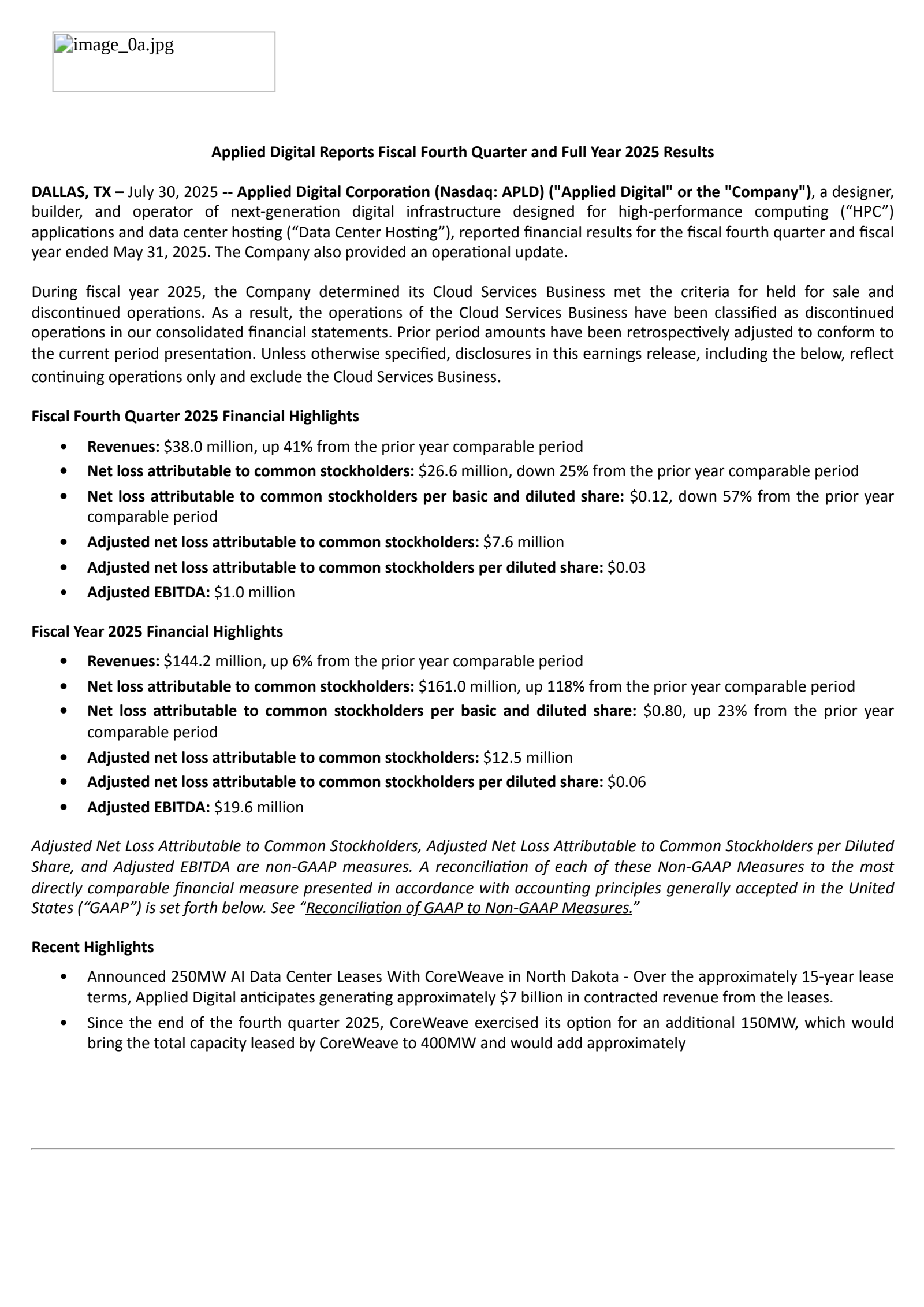 Applied Digital's Q4 2025 Press Release