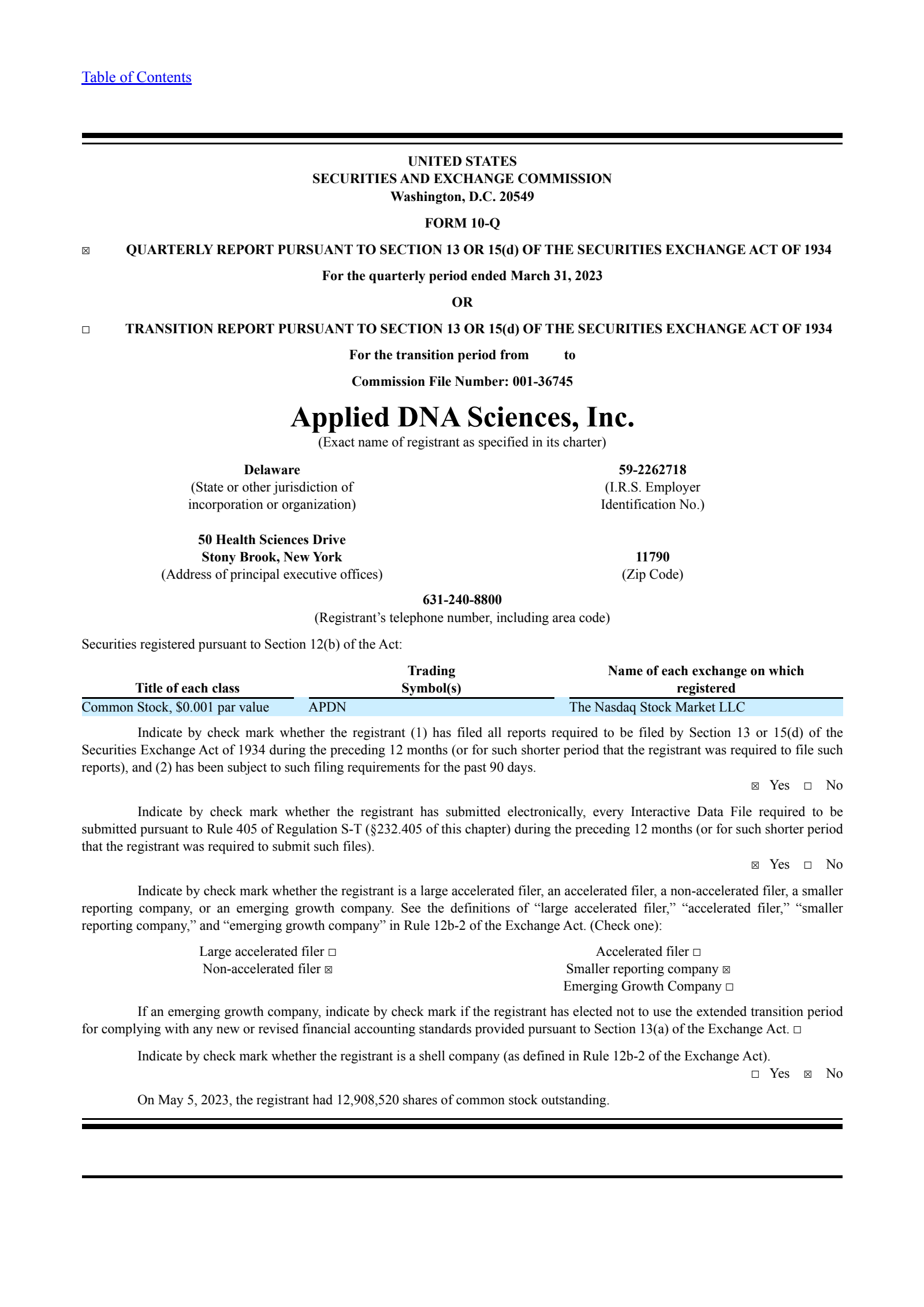 Applied DNA Sciences' Q2 2023 Quarterly report
