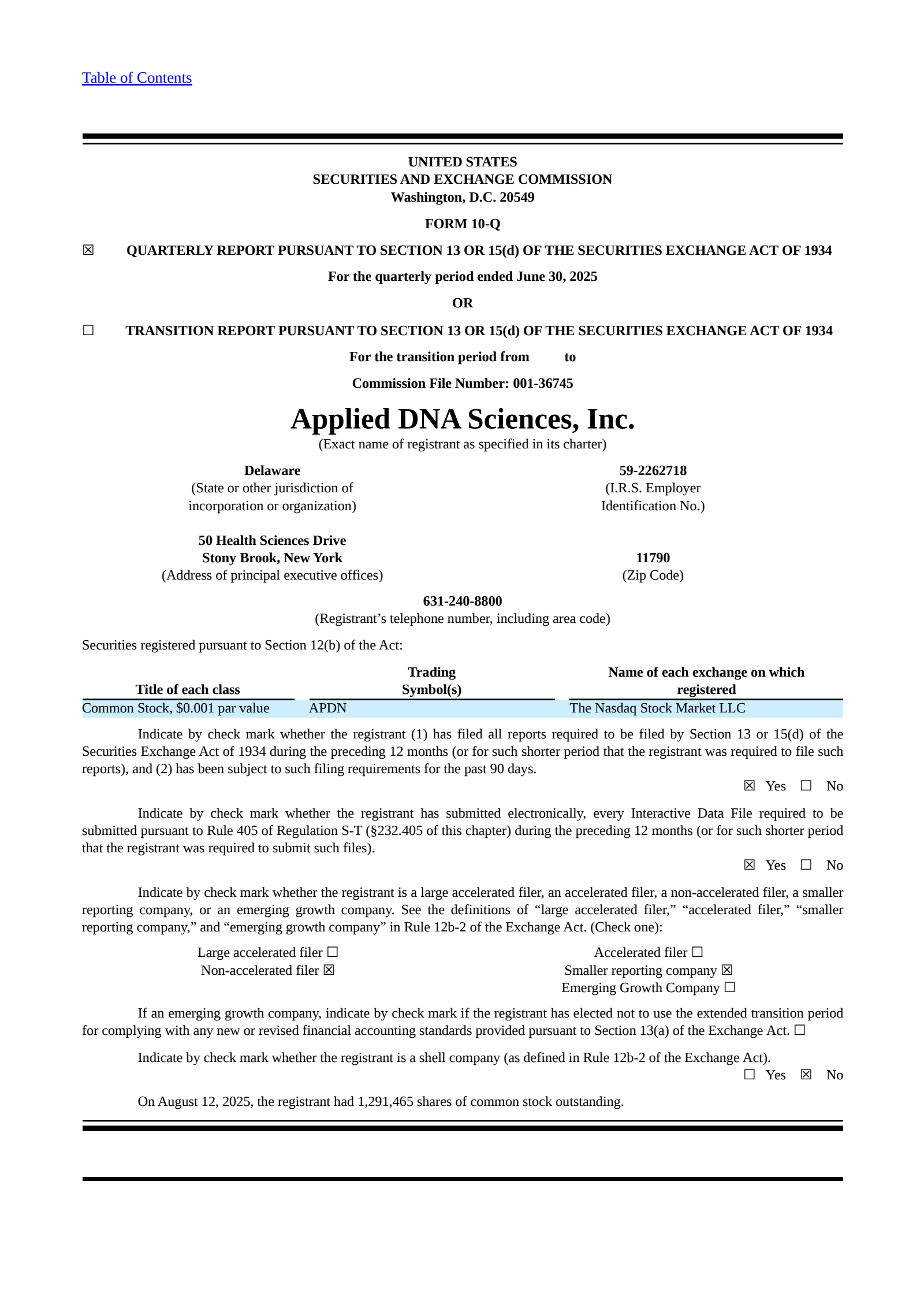 Applied DNA Sciences' Q3 2025 Quarterly report