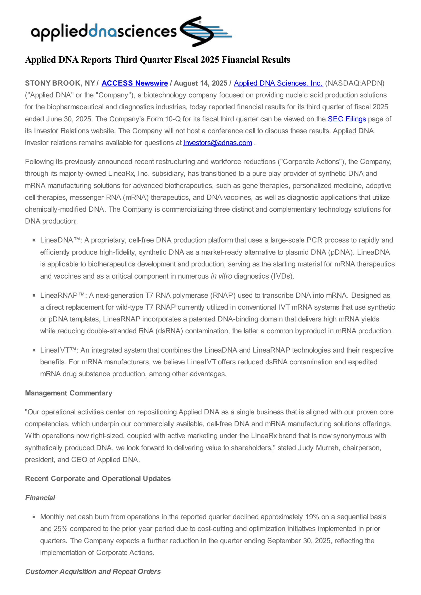 Applied DNA Sciences' Q3 2025 Press Release