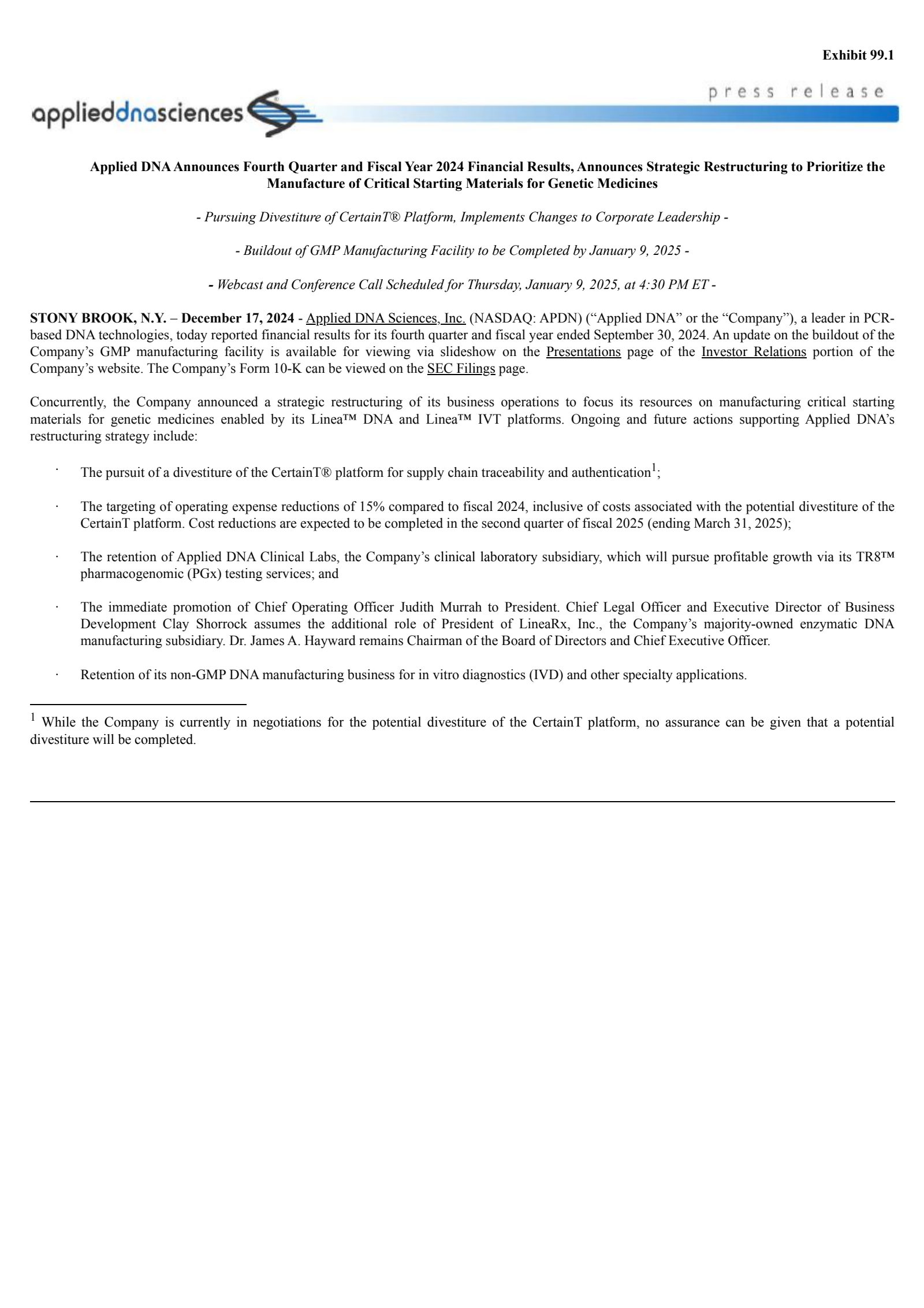 Applied DNA Sciences' Q4 2024 Press Release