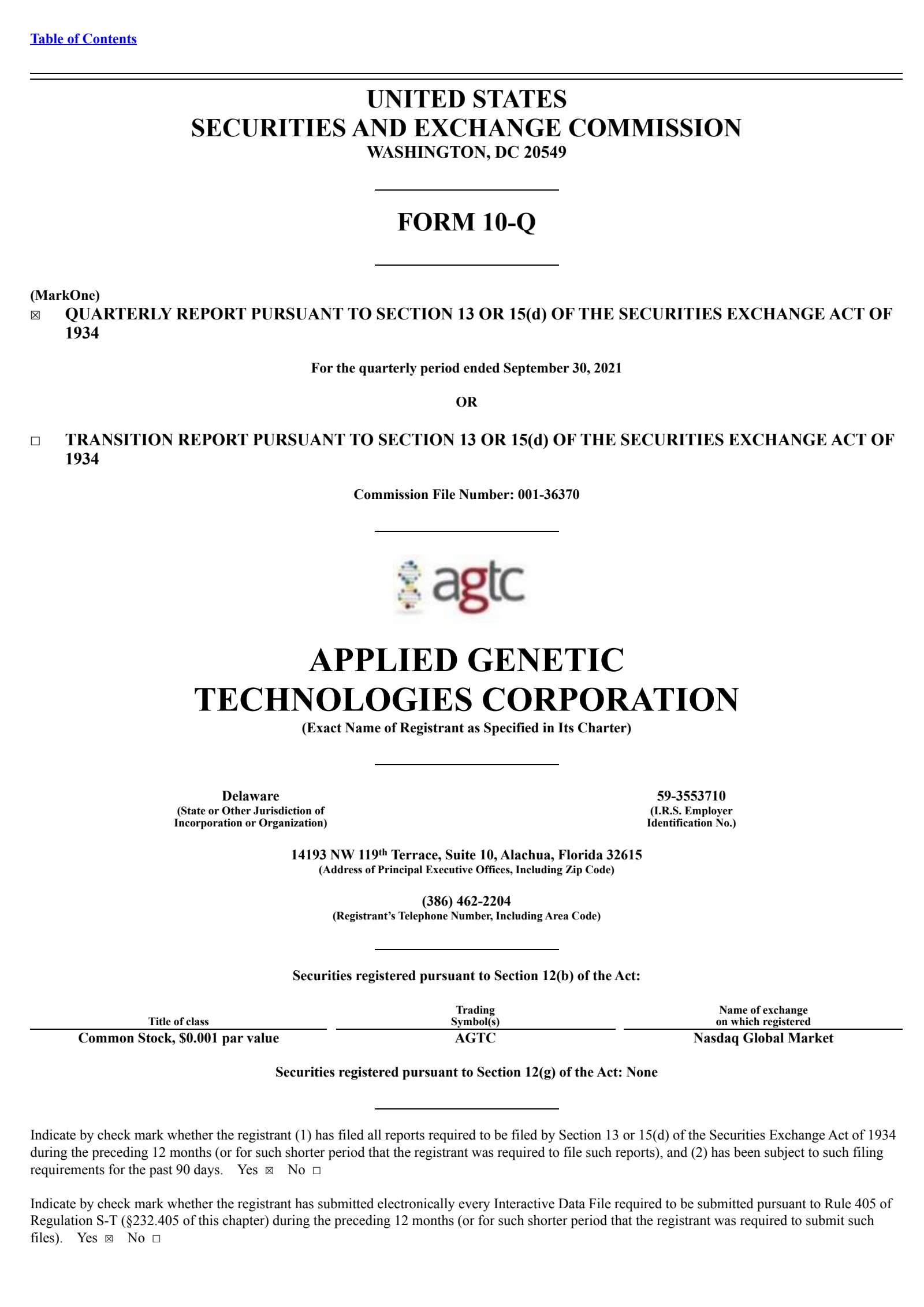 Applied Genetic Technologies' Q1 2022 Quarterly report