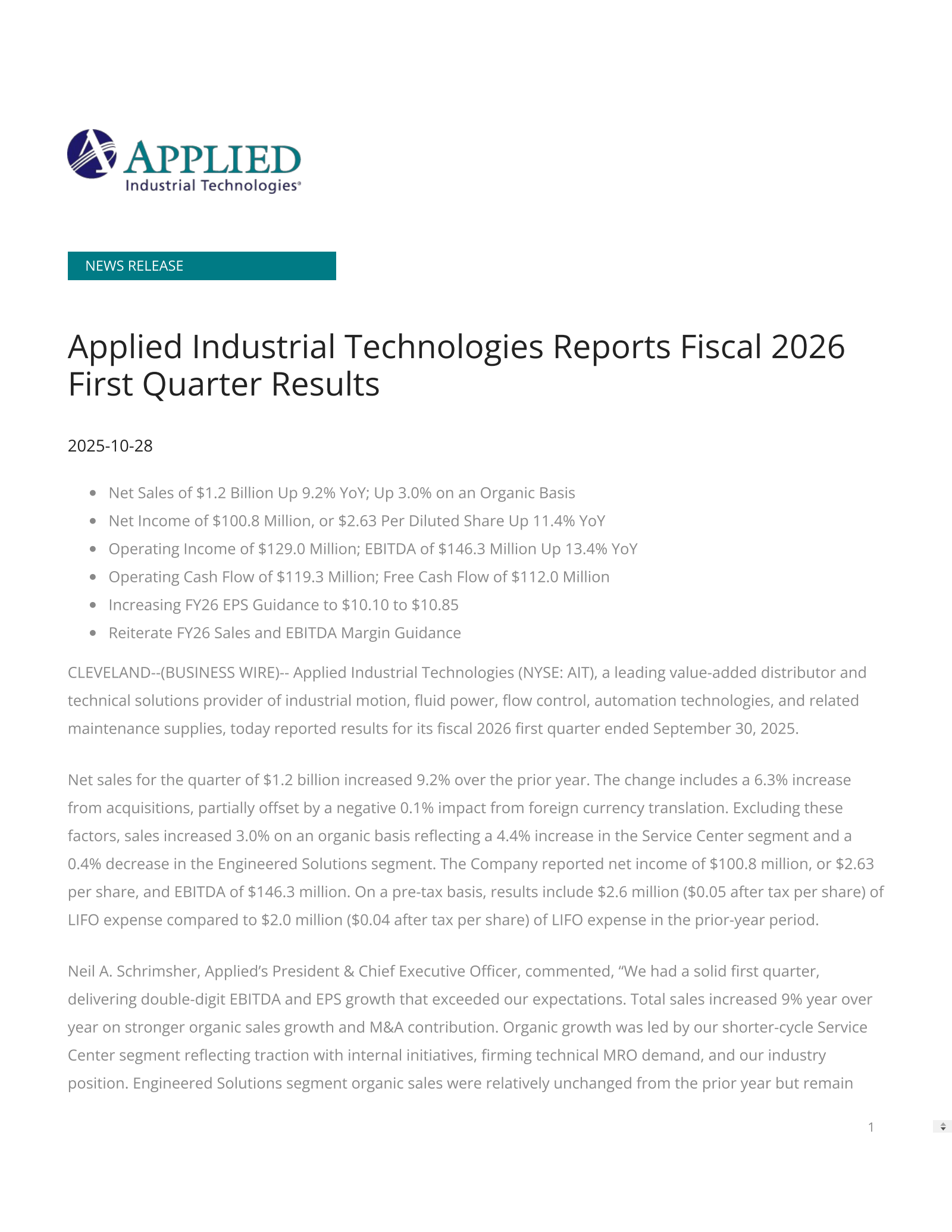 Applied Industrial Technologies' Q1 2026 Earnings Release
