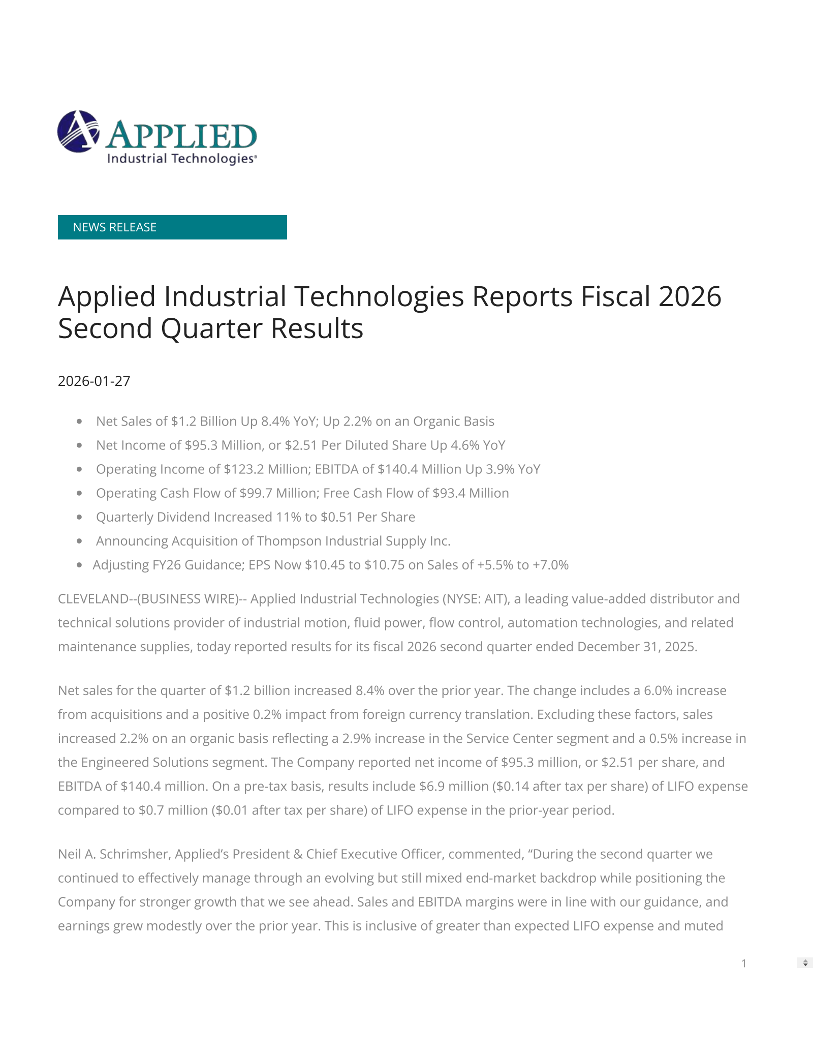 Applied Industrial Technologies' Q2 2026 Press Release
