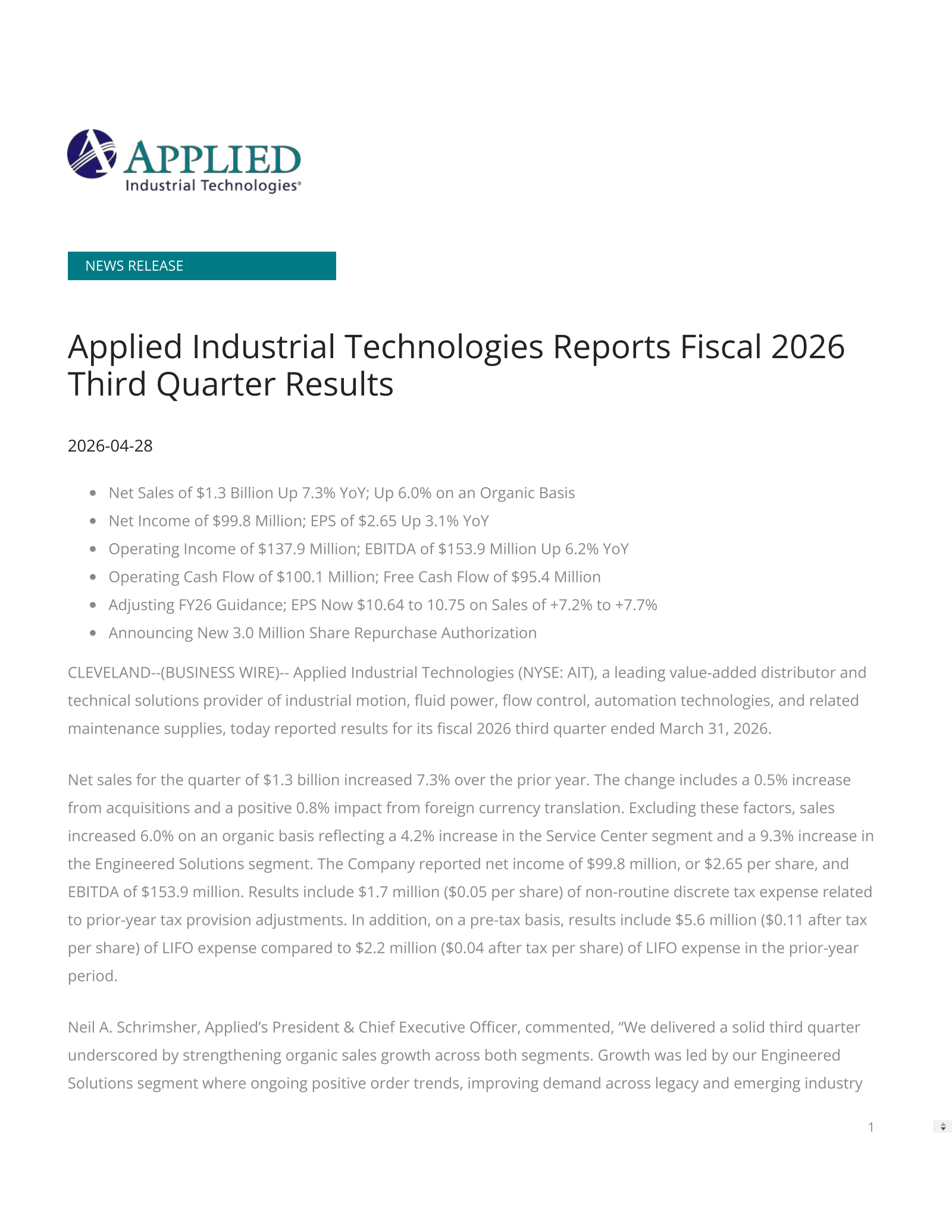 Applied Industrial Technologies' Q3 2026 Press Release