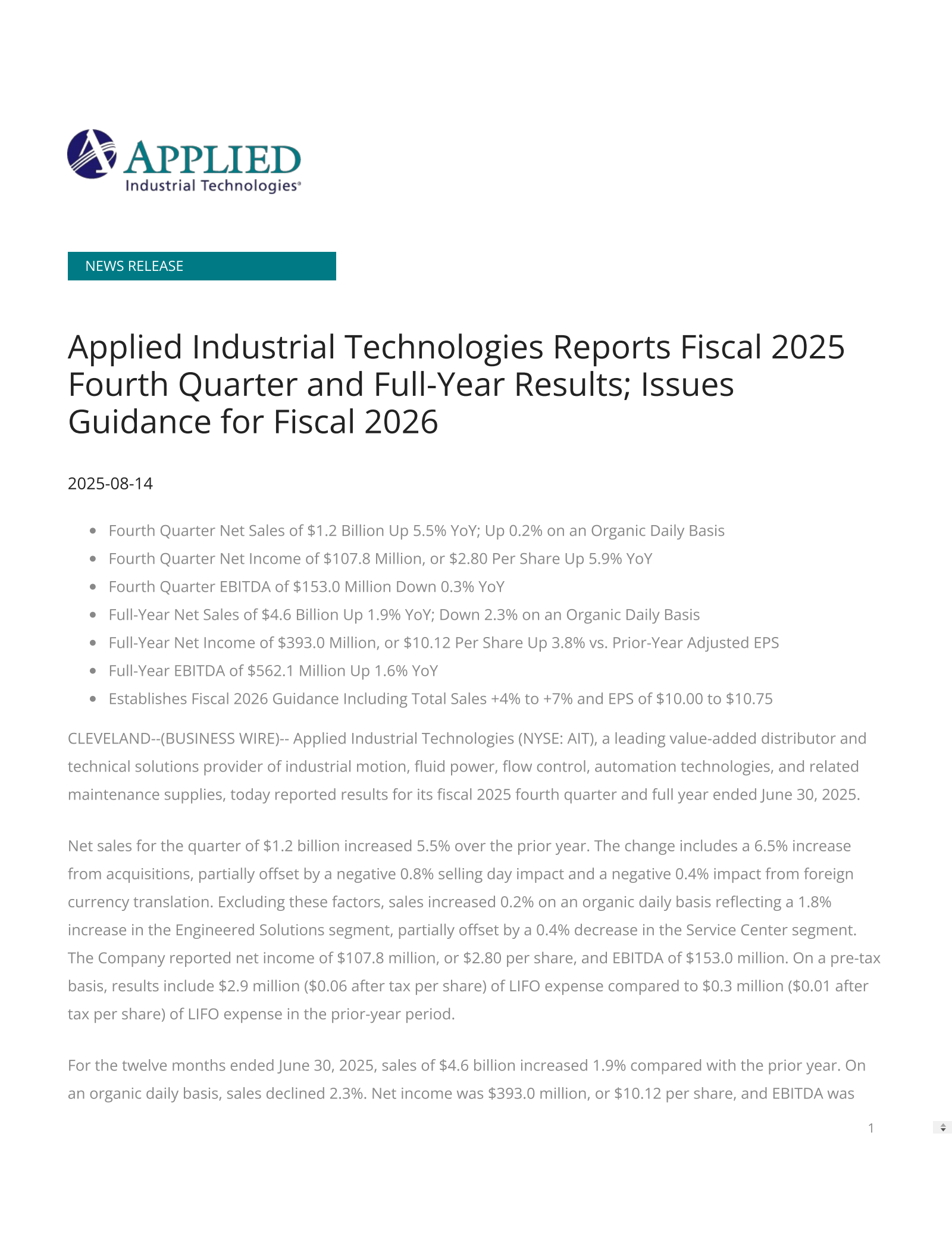 Applied Industrial Technologies' Q4 2025 Press Release