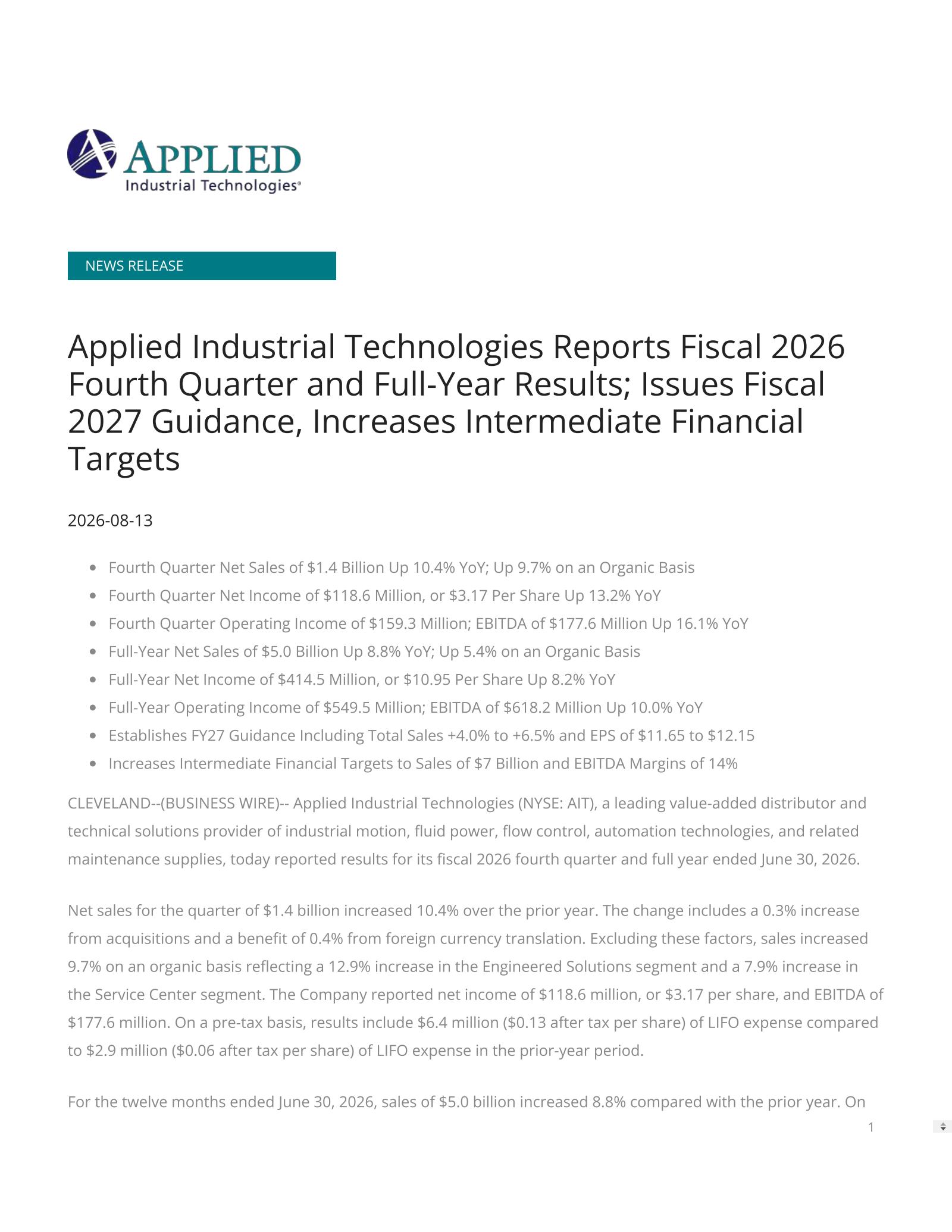 Applied Industrial Technologies' Q4 2026 Press Release