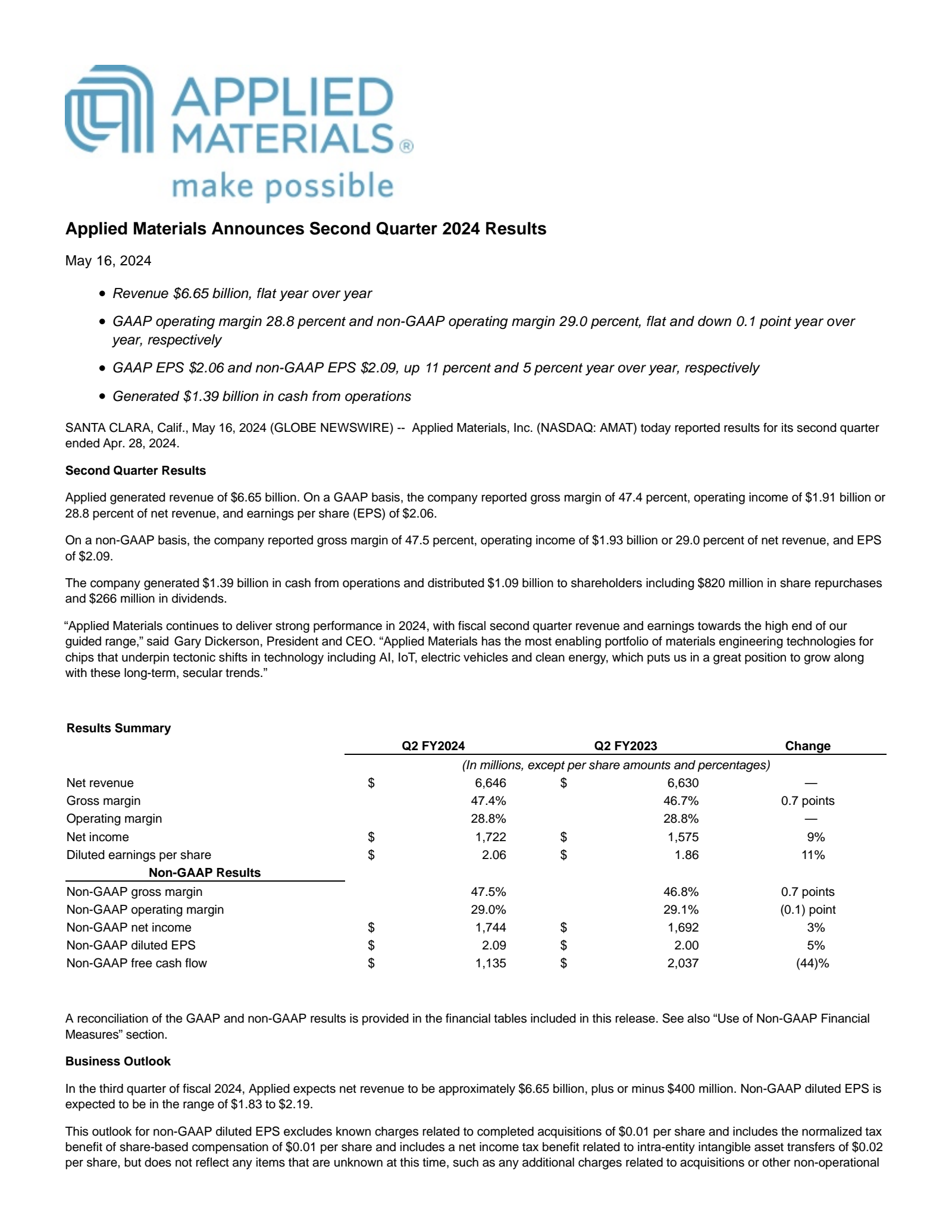 Applied Materials' Q2 2024 Press Release