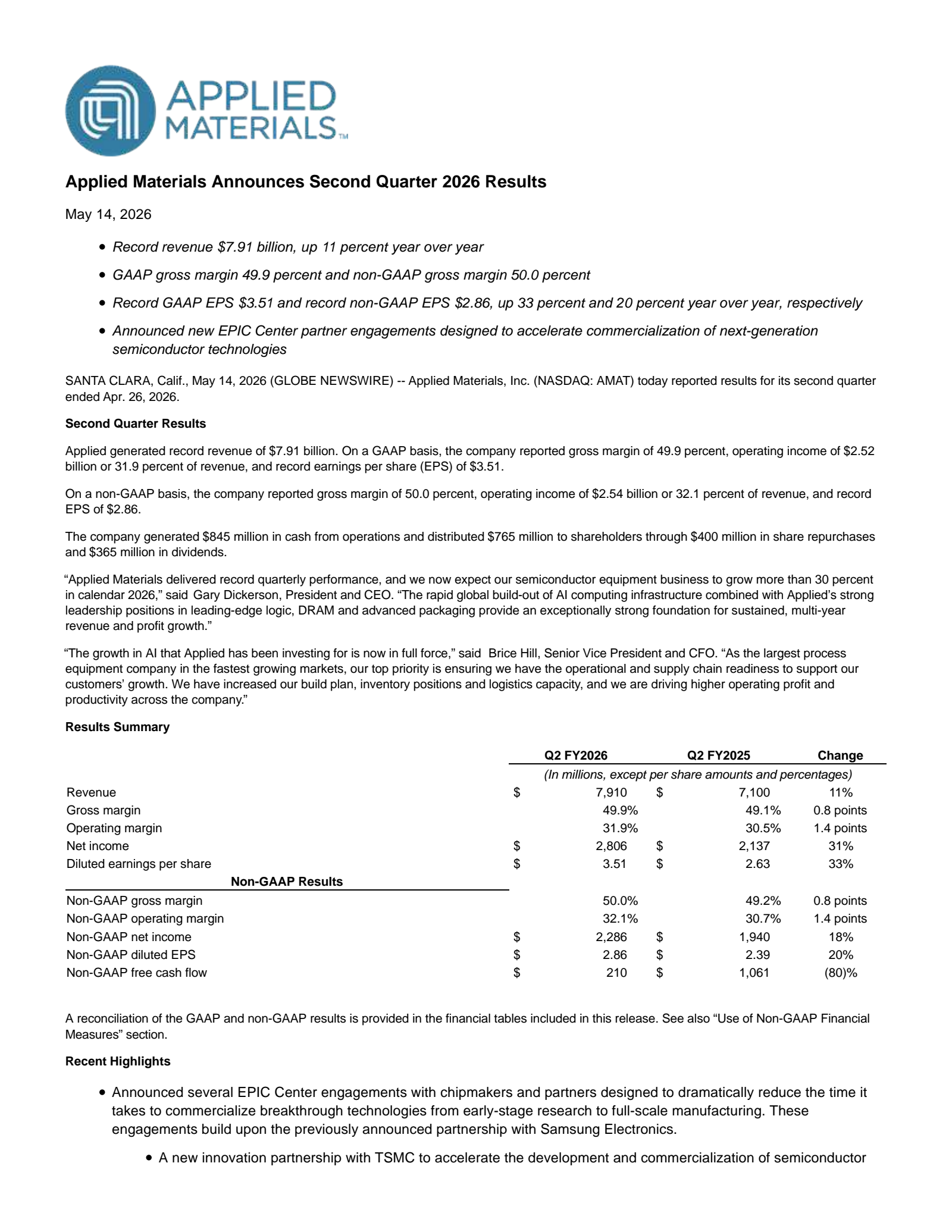 Applied Materials' Q2 2026 Press Release