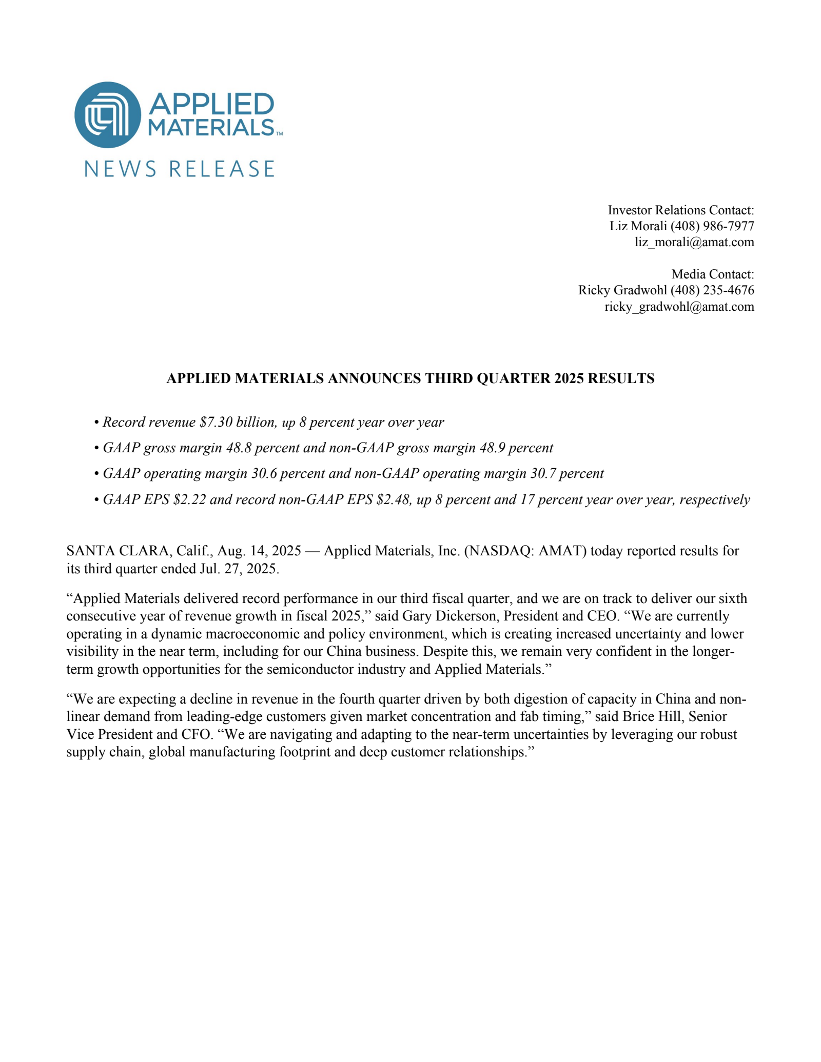Applied Materials' Q3 2025 Press Release