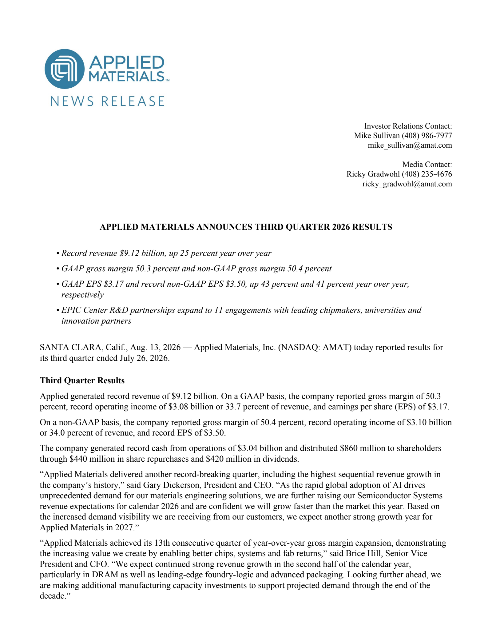 Applied Materials' Q3 2026 Press Release