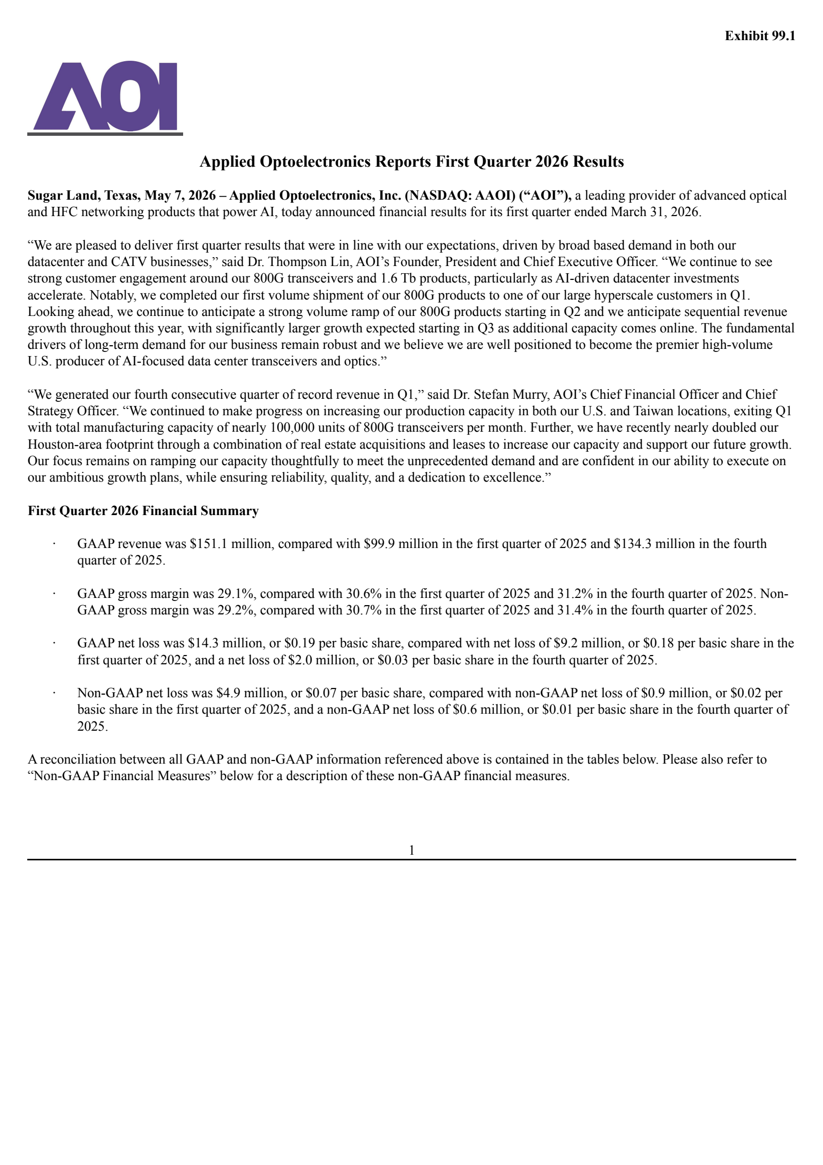 Applied Optoelectronics' Q1 2026 Press Release