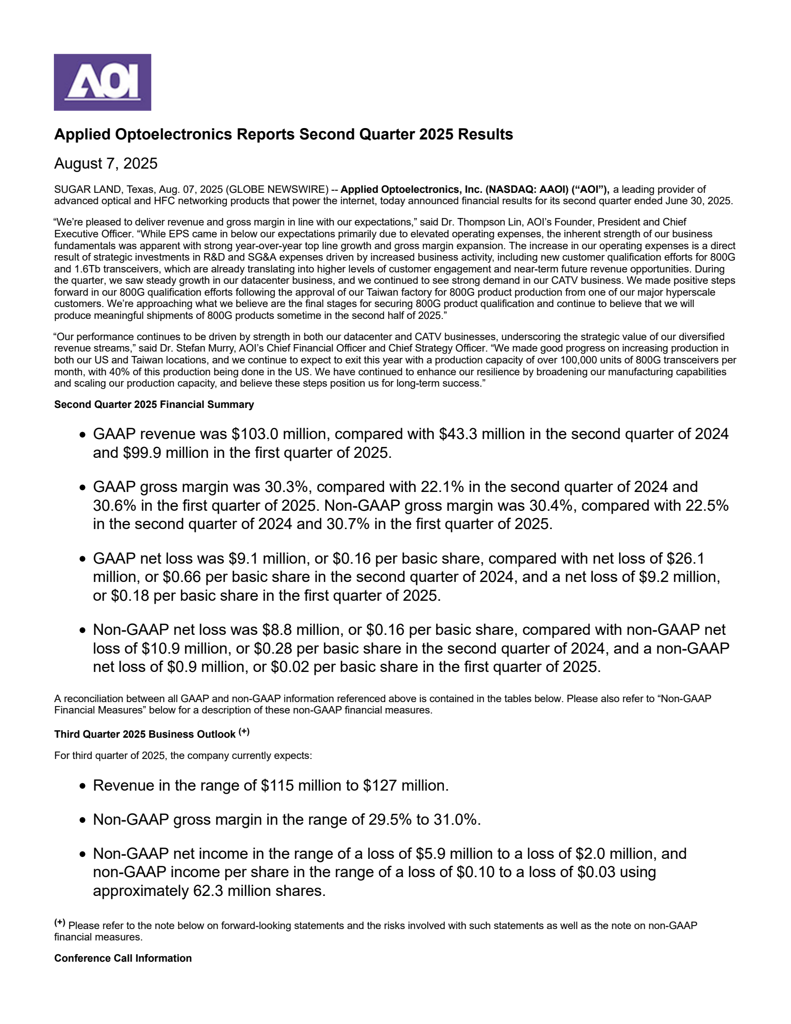 Applied Optoelectronics' Q2 2025 Press Release