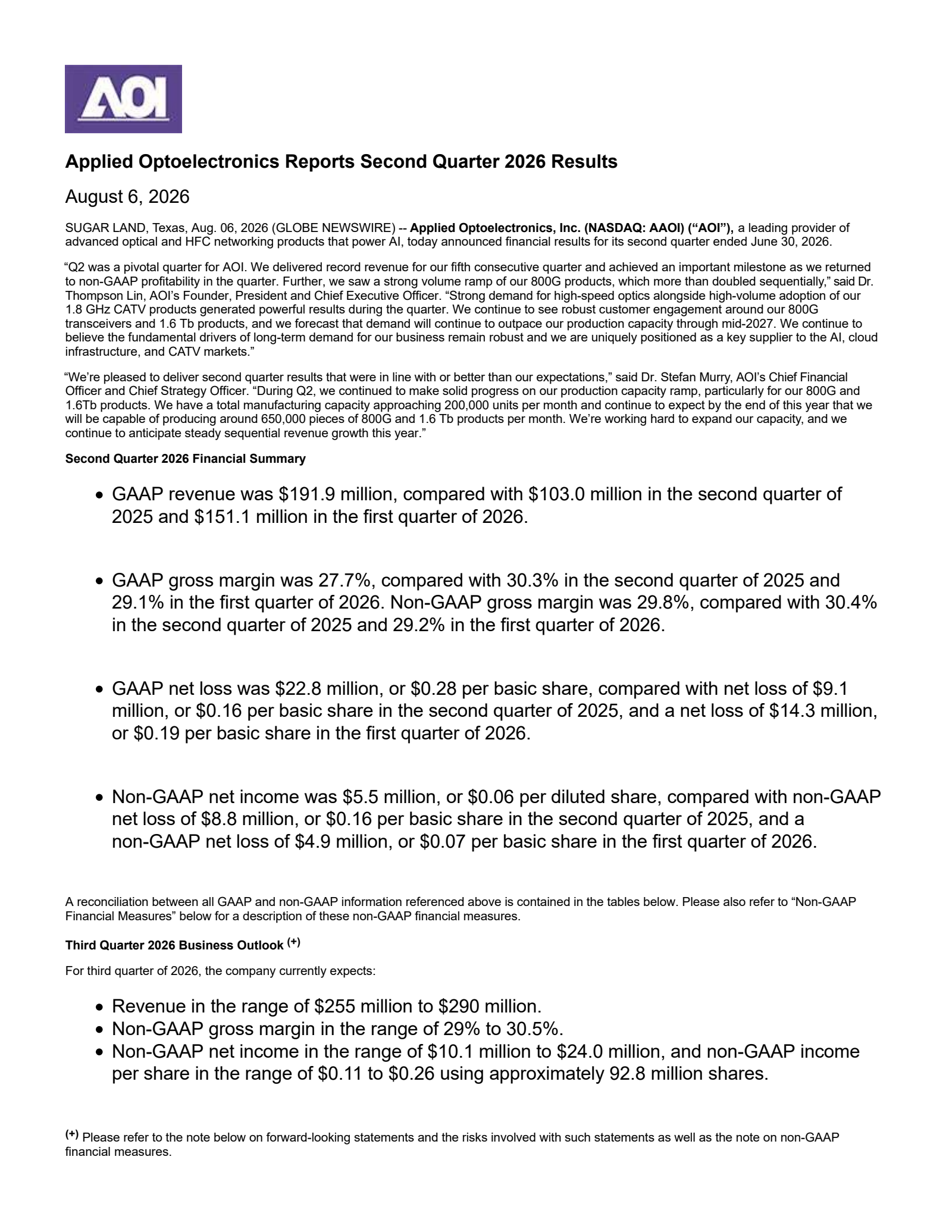Applied Optoelectronics' Q2 2026 Press Release