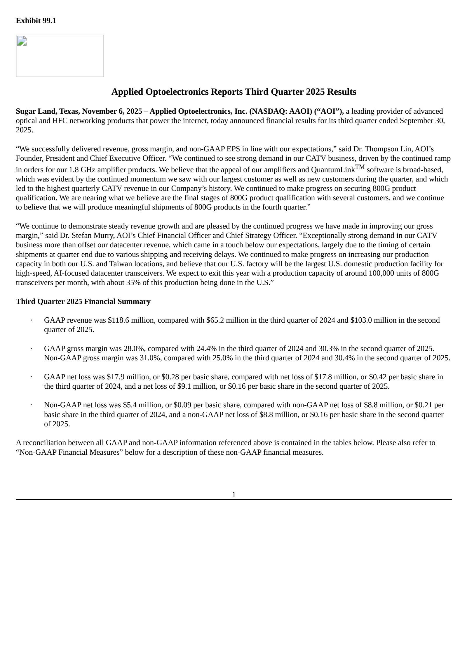Applied Optoelectronics' Q3 2025 Earnings Release