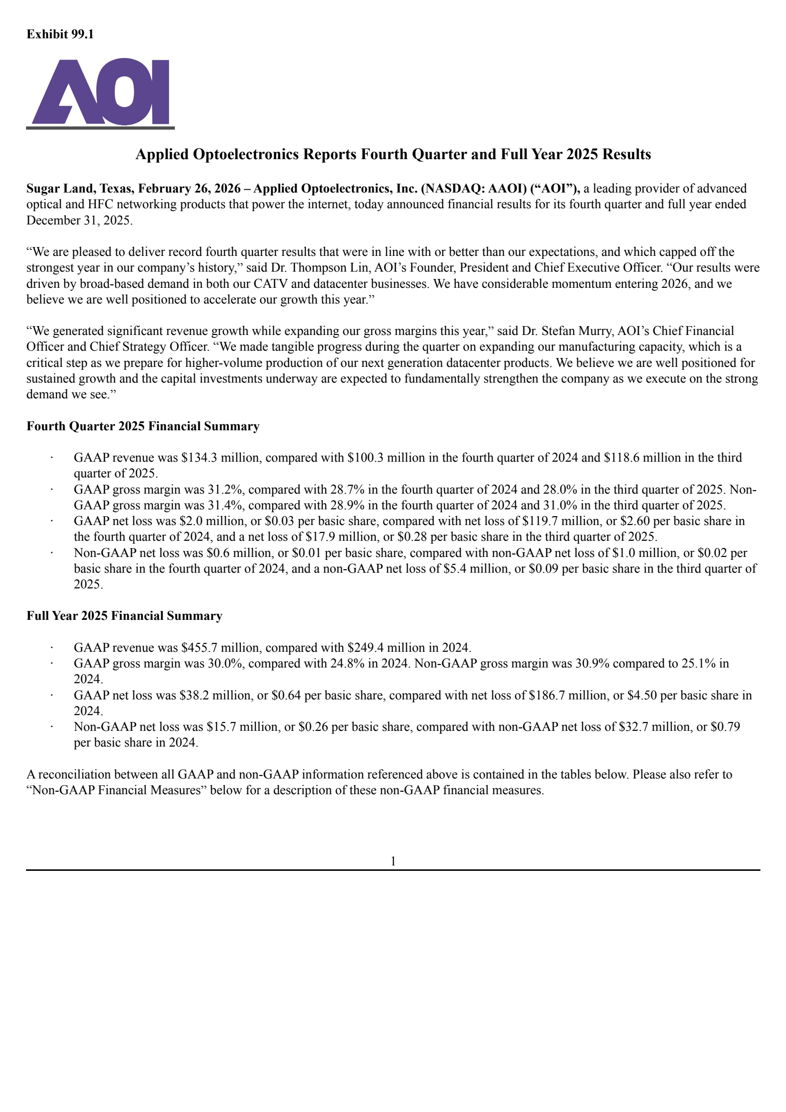 Applied Optoelectronics' Q4 2025 Press Release