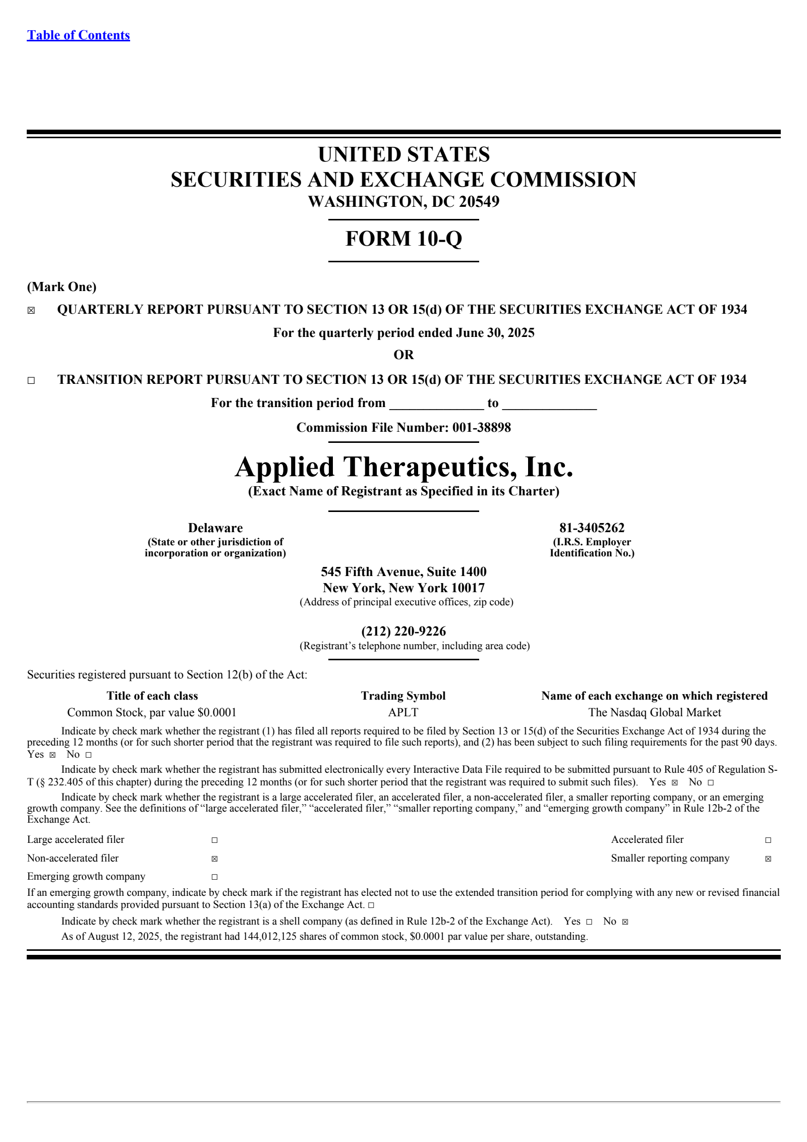 Applied Therapeutics' Q2 2025 Quarterly report