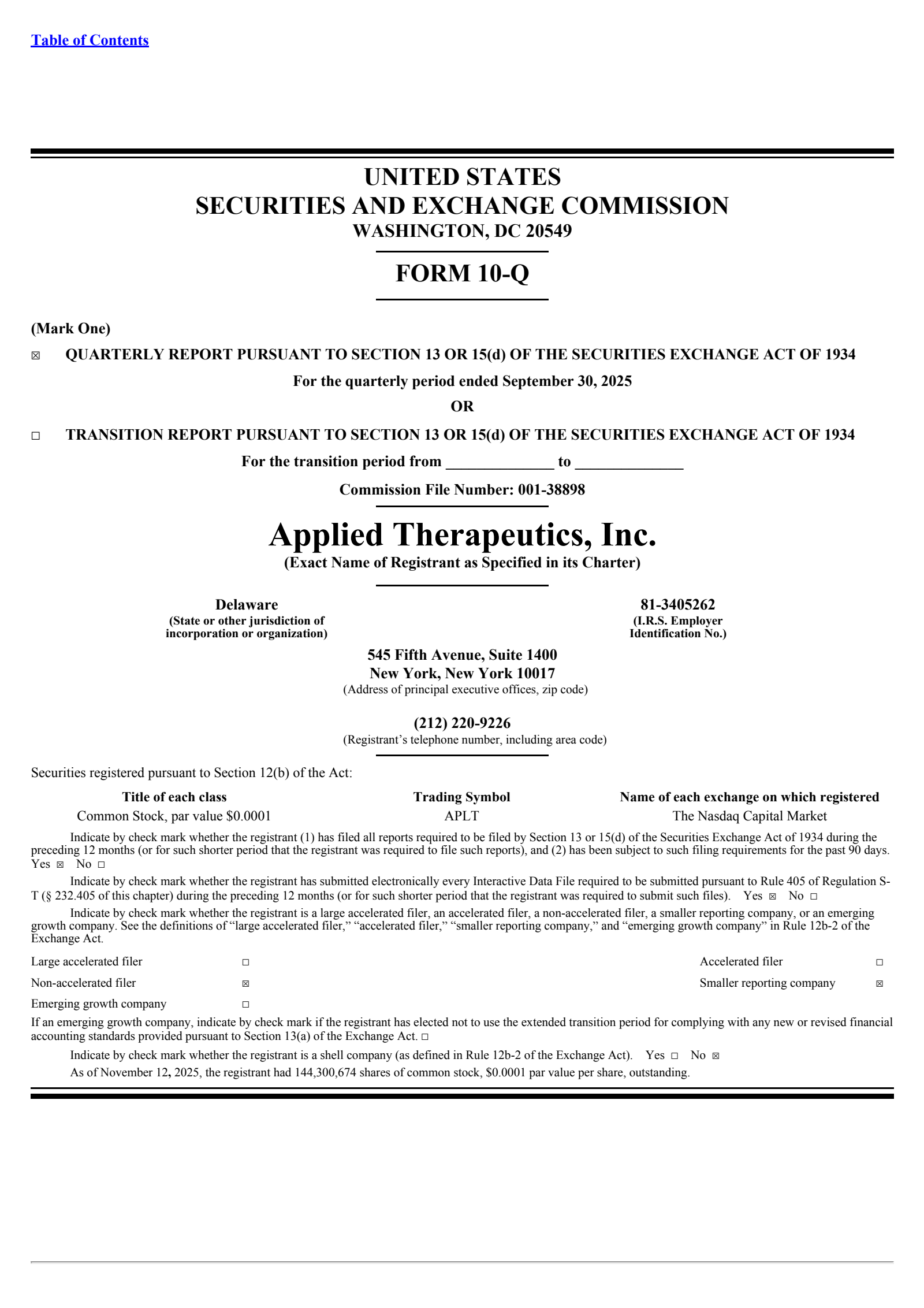 Applied Therapeutics' Q3 2025 Quarterly Report