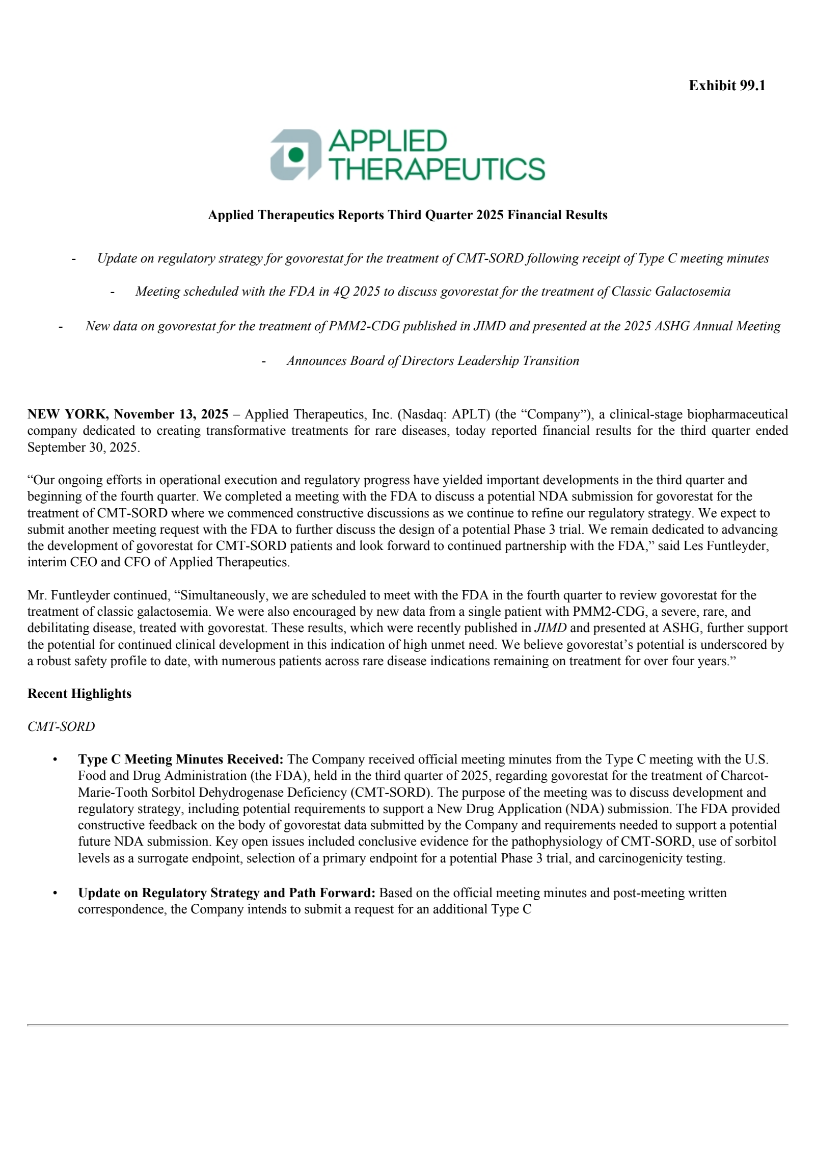 Applied Therapeutics' Q3 2025 Earnings Release
