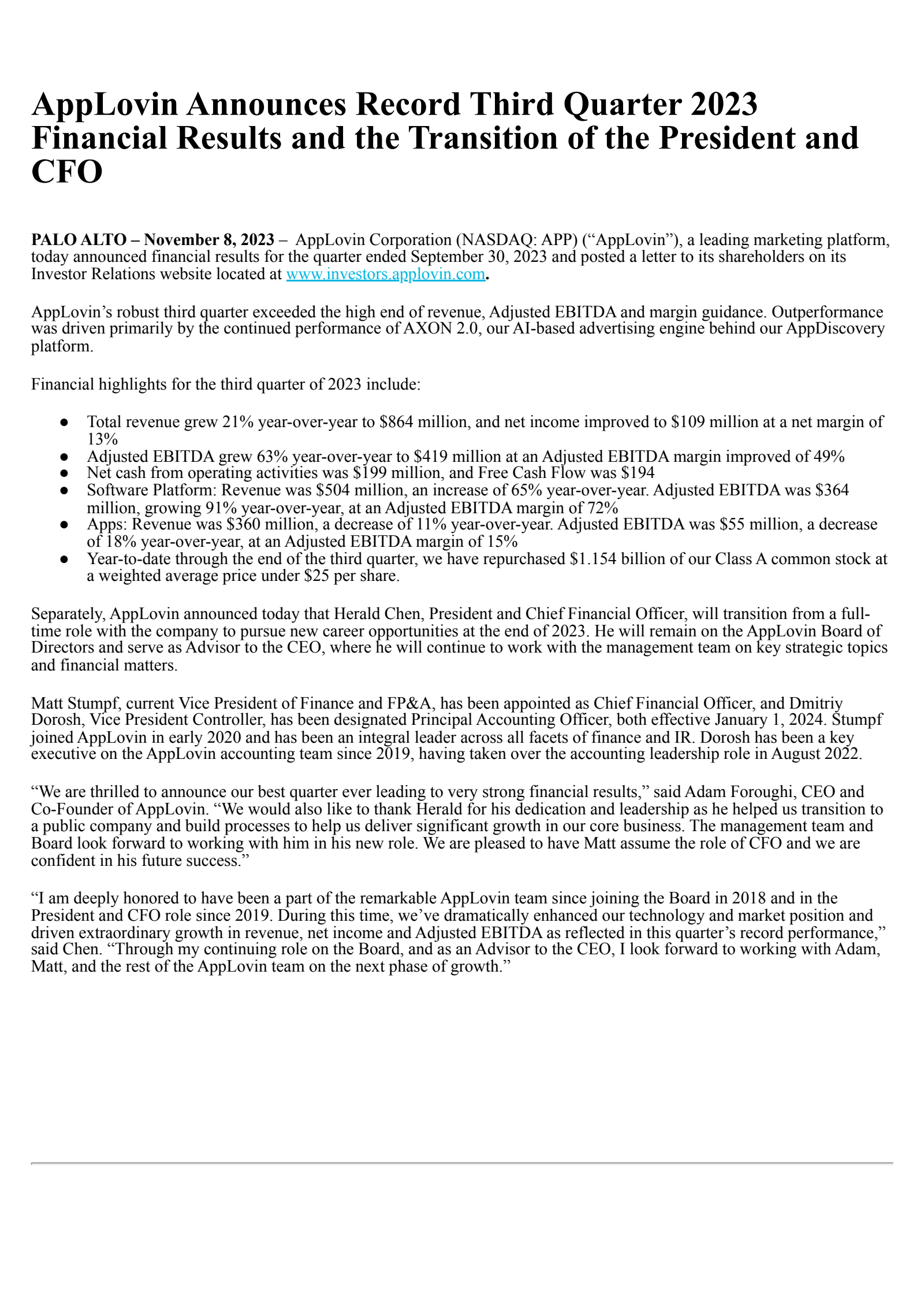 AppLovin's Q3 2023 Press Release