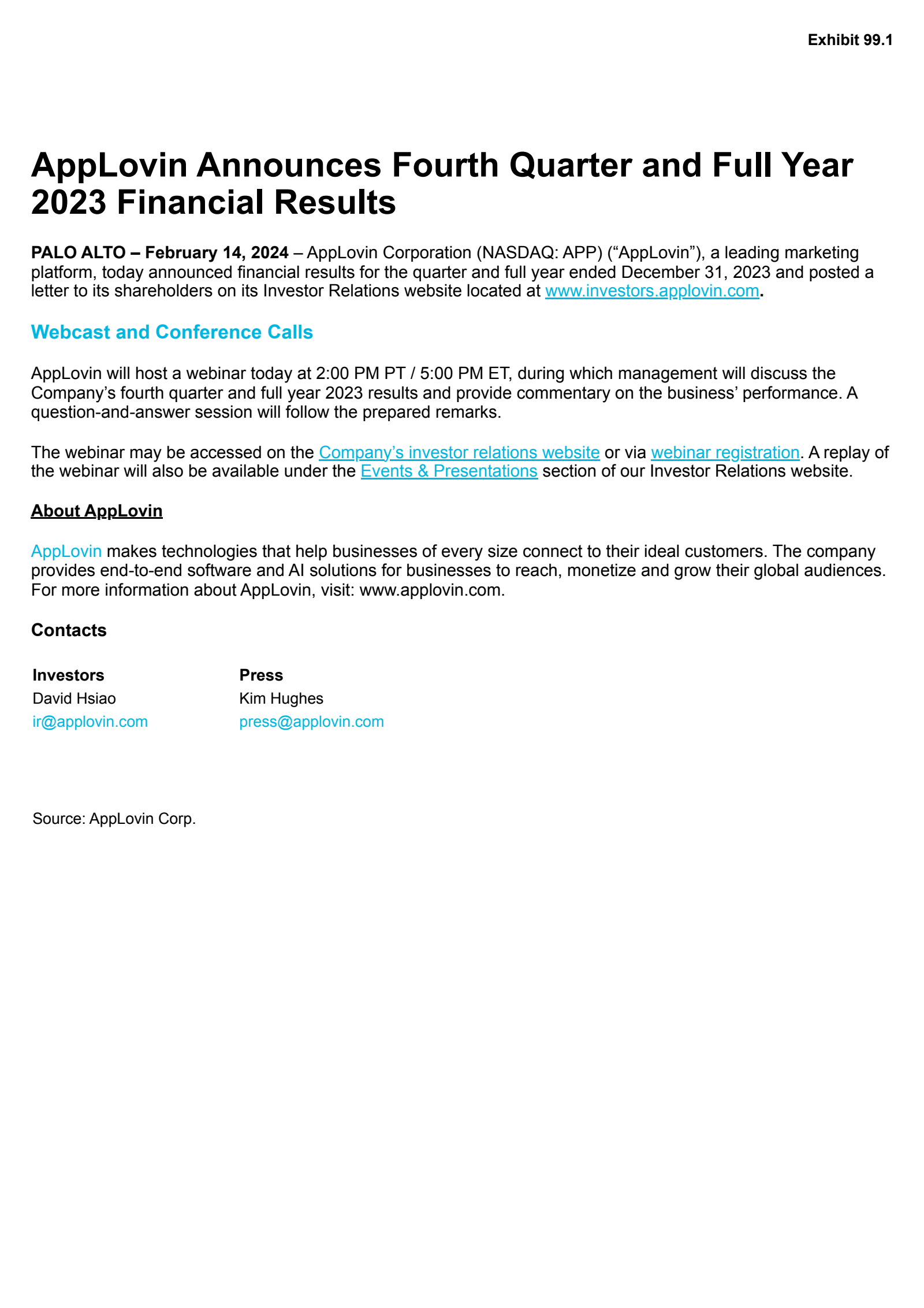 AppLovin's Q4 2023 Press Release