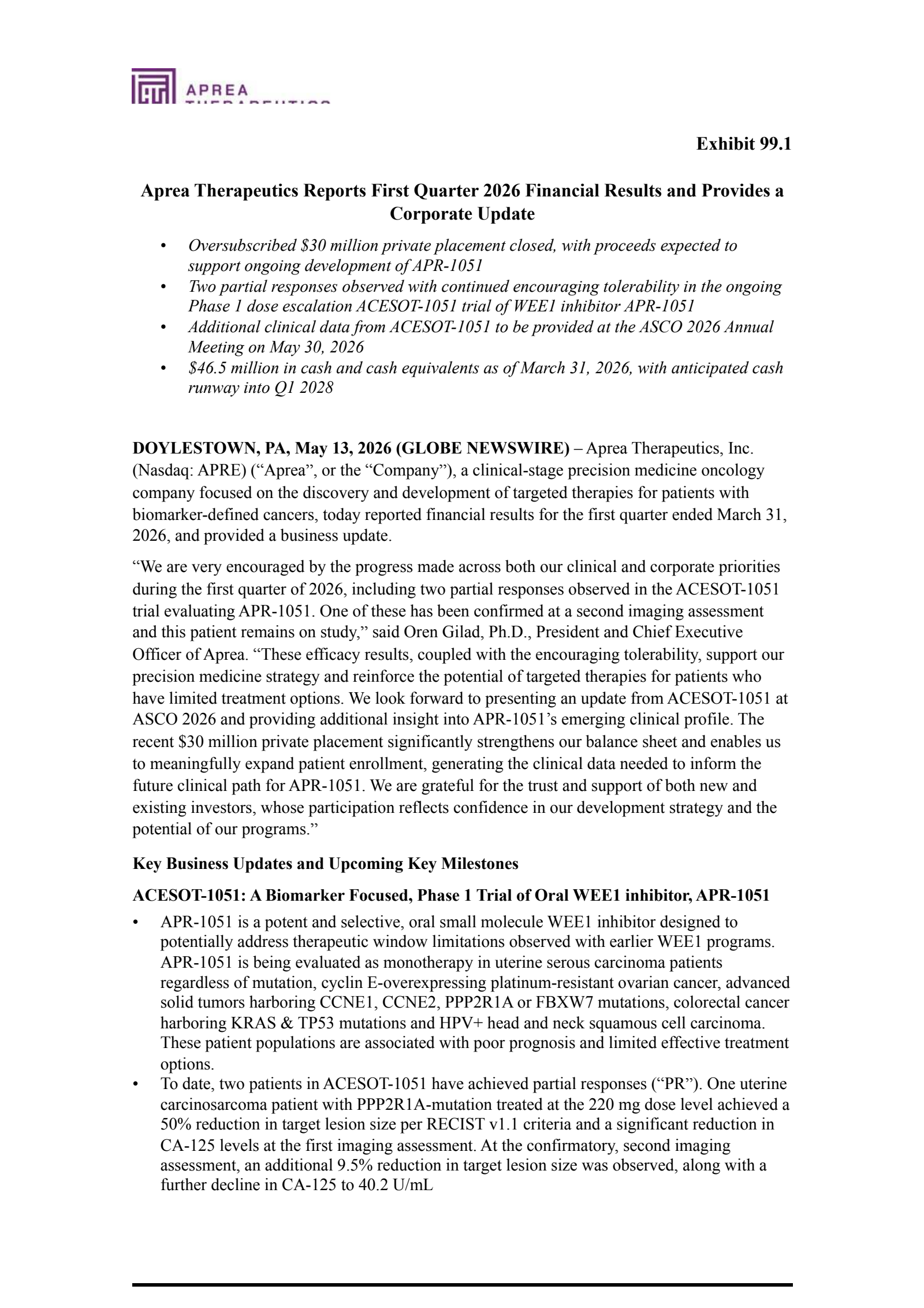 Aprea Therapeutics' Q1 2026 Press Release