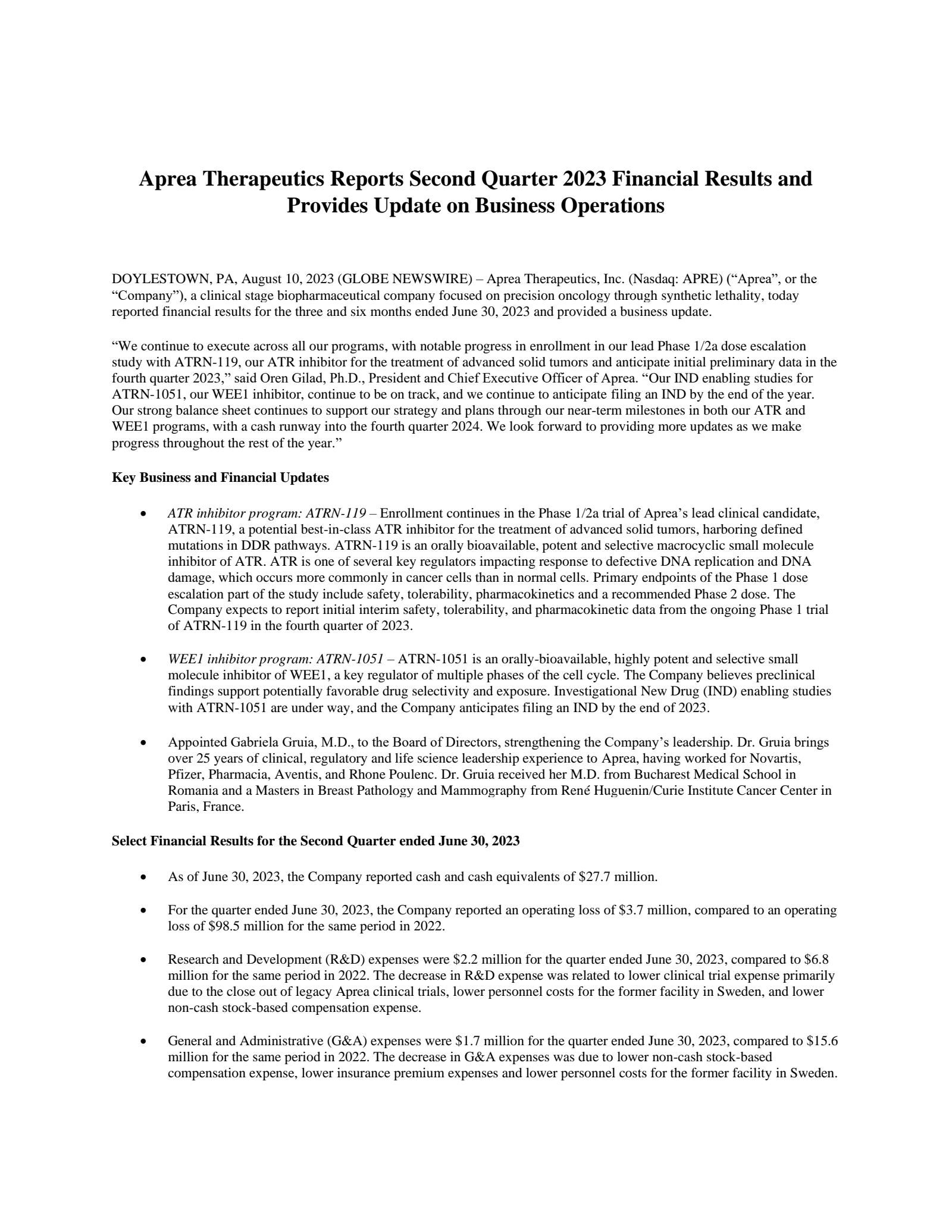 Aprea Therapeutics' Q2 2023 Press Release