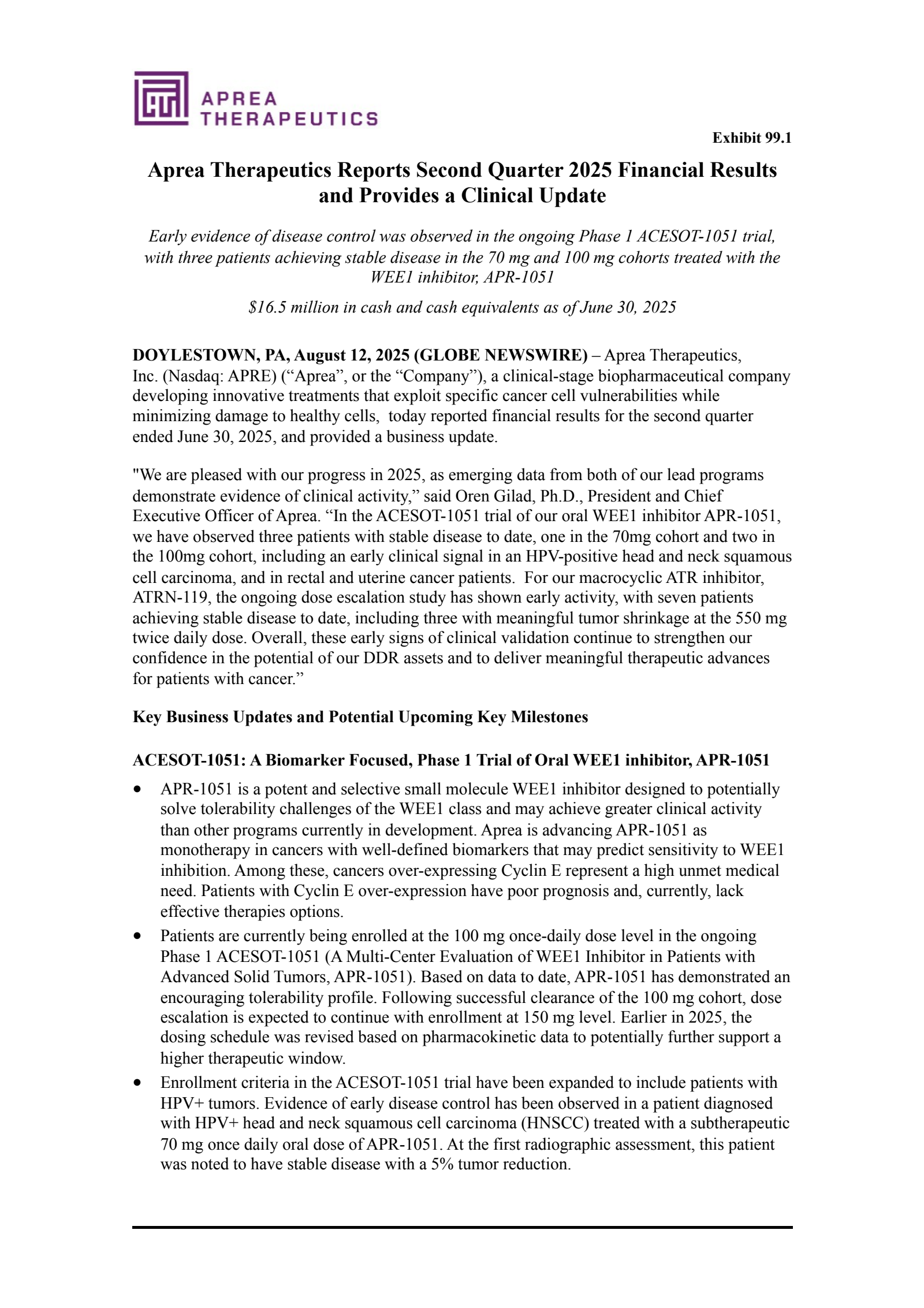 Aprea Therapeutics' Q2 2025 Press Release