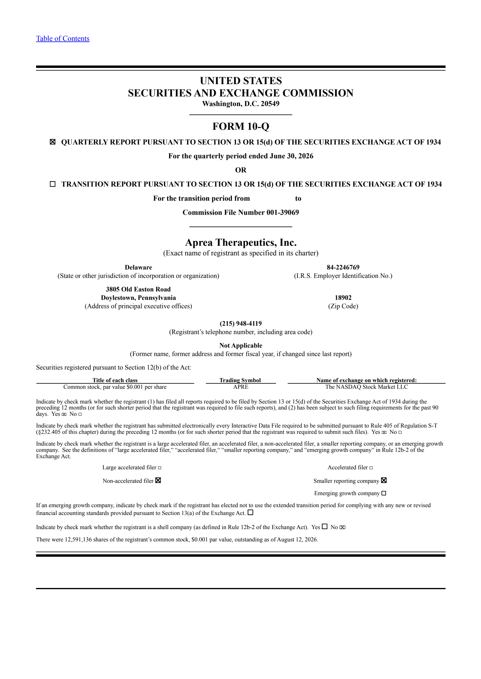 Aprea Therapeutics' Q2 2026 Quarterly report