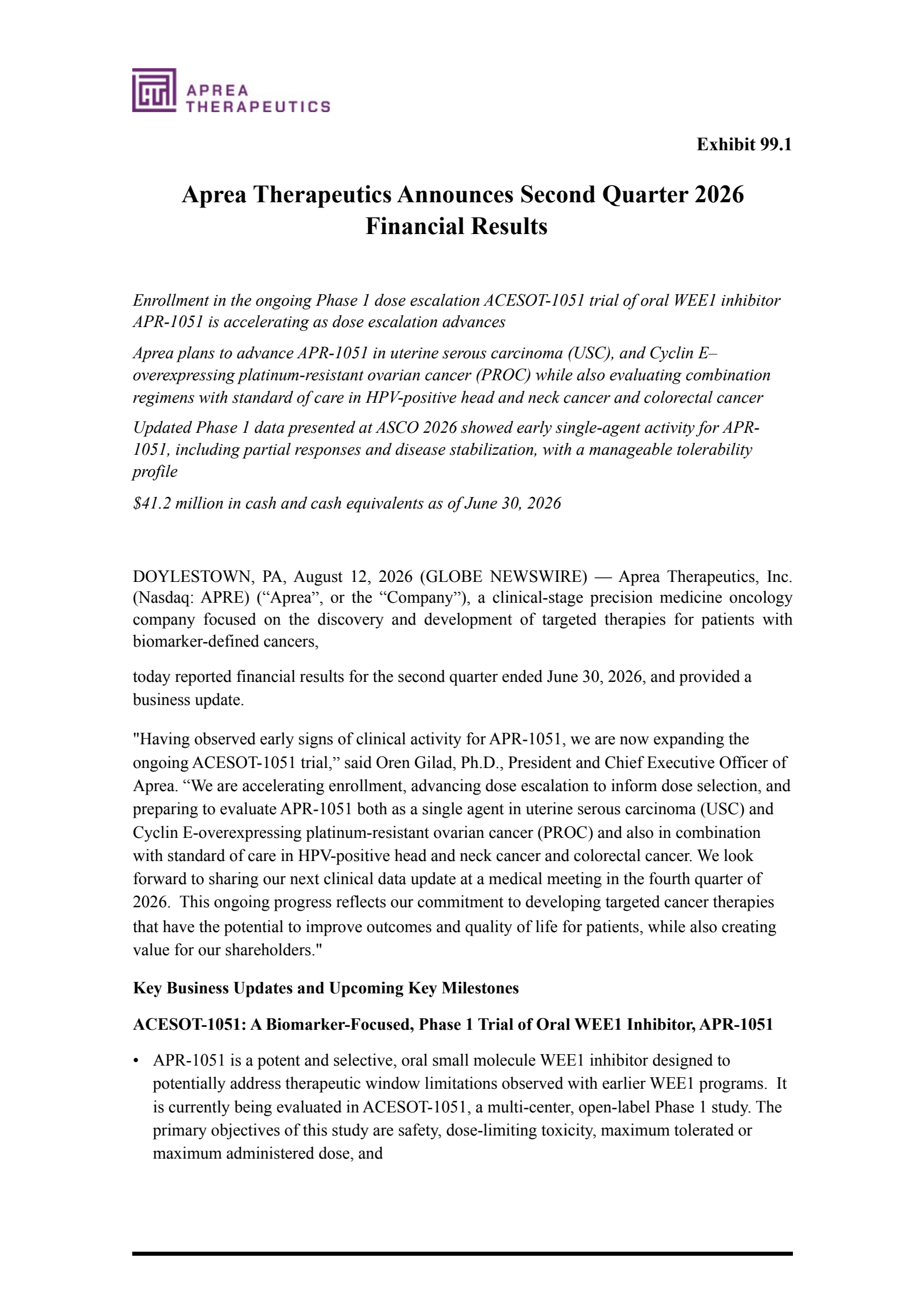 Aprea Therapeutics' Q2 2026 Press Release