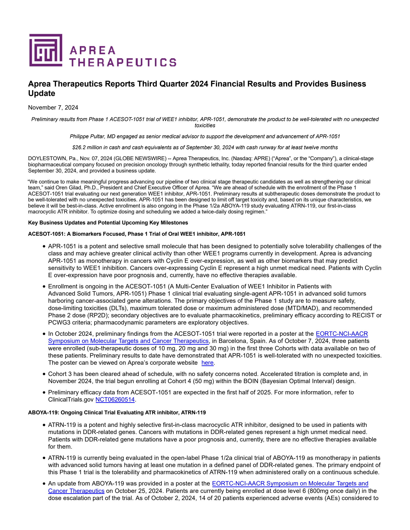 Aprea Therapeutics' Q3 2024 Press Release