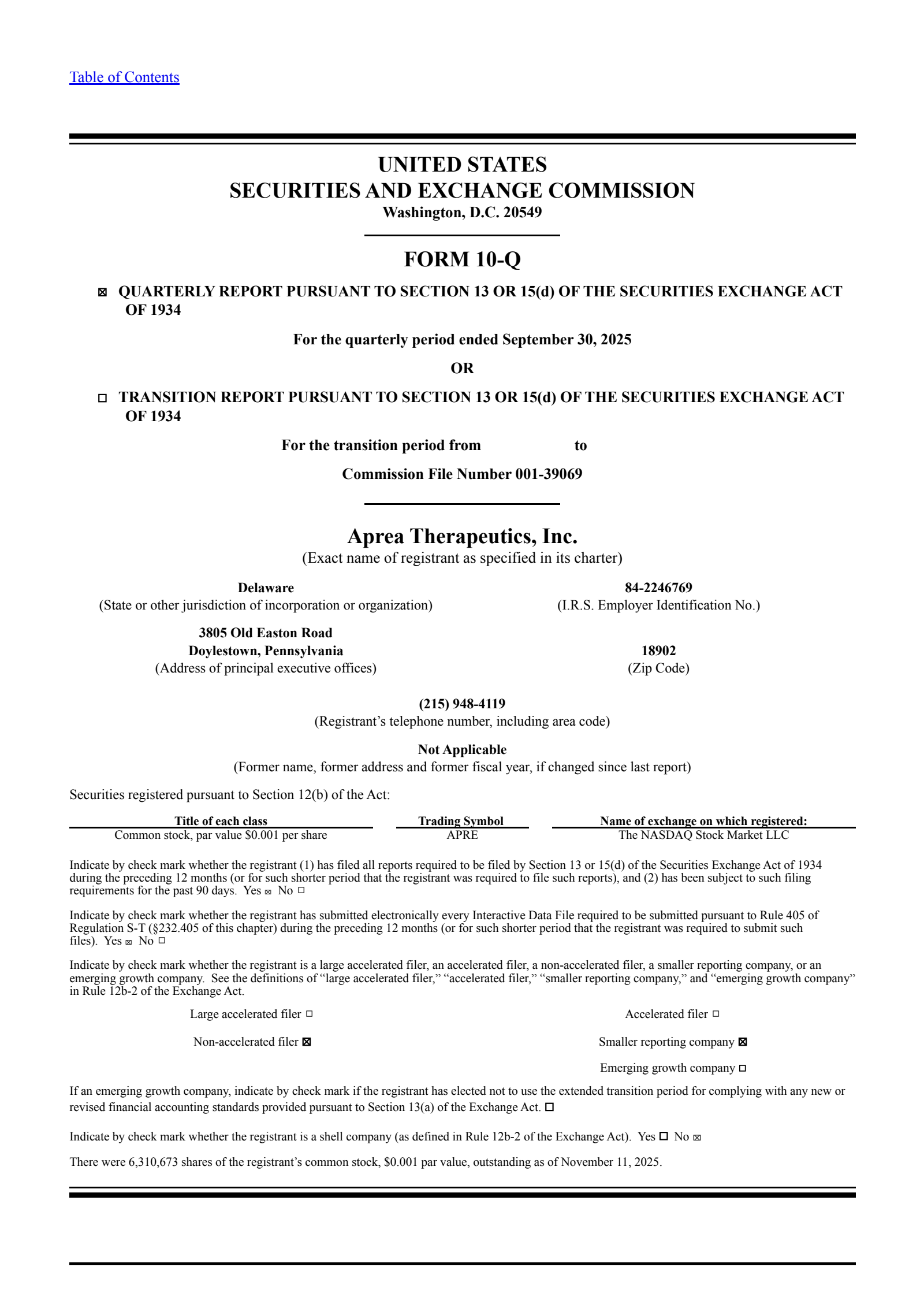Aprea Therapeutics' Q3 2025 Quarterly Report