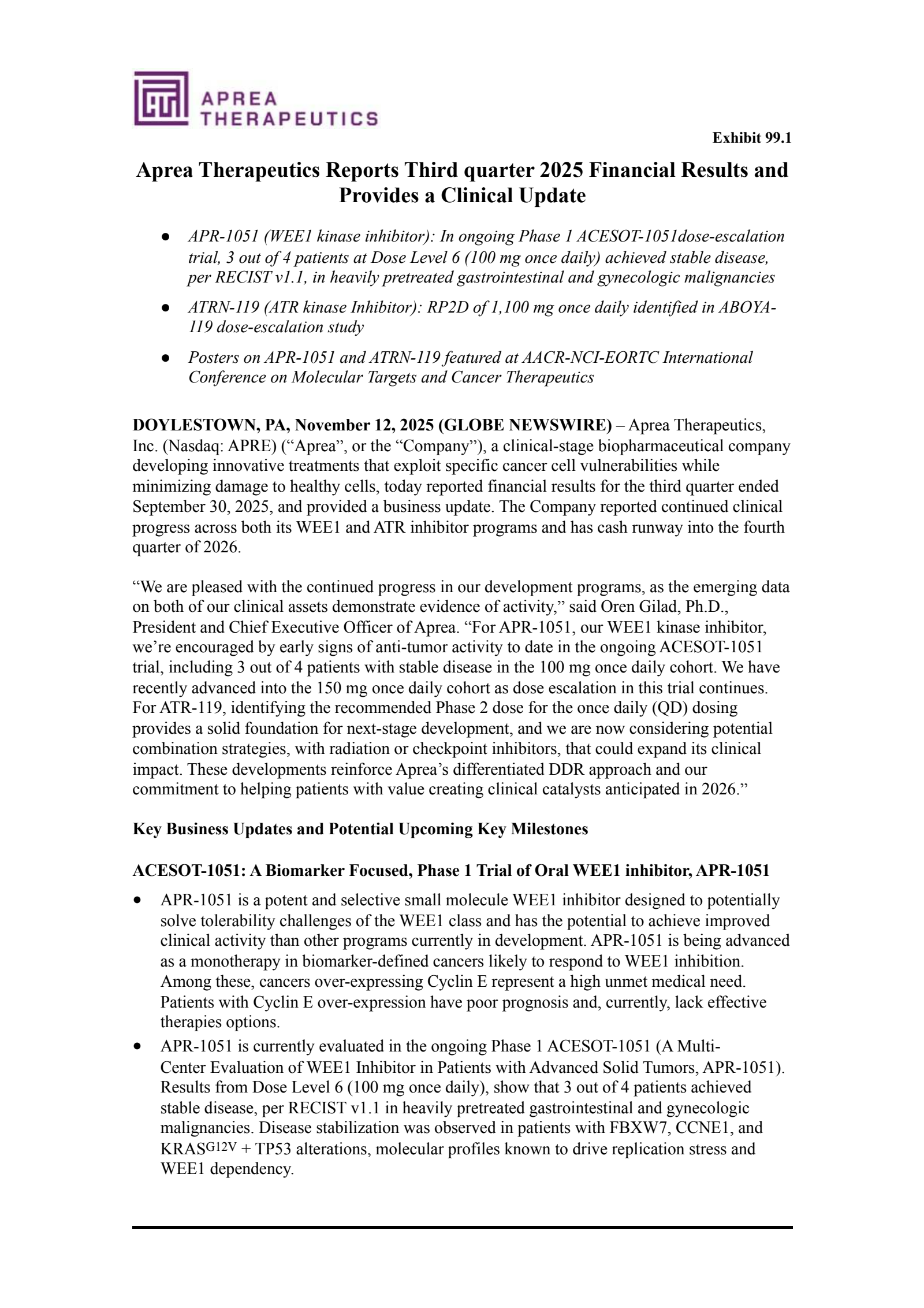 Aprea Therapeutics' Q3 2025 Earnings Release