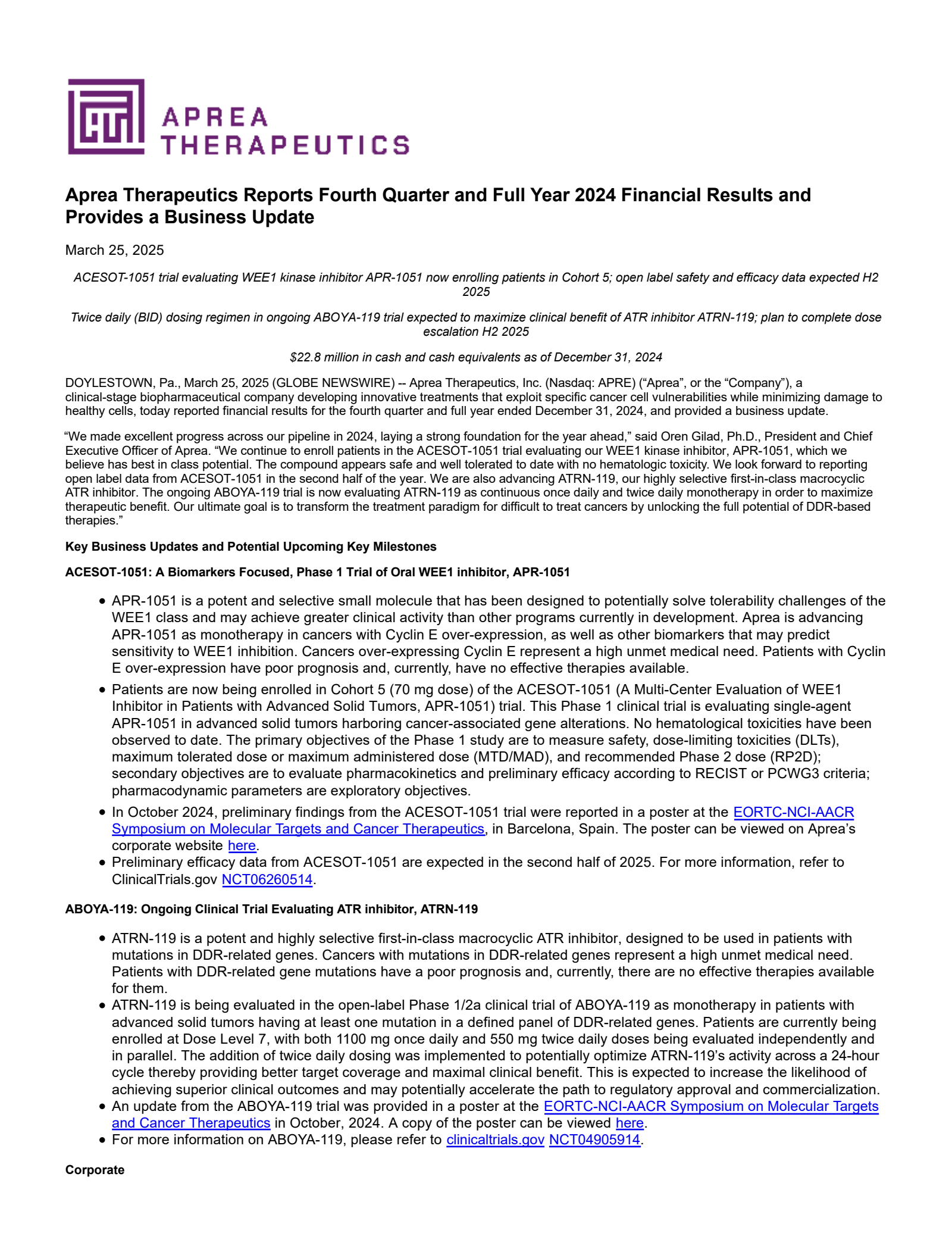 Aprea Therapeutics' Q4 2024 Press Release