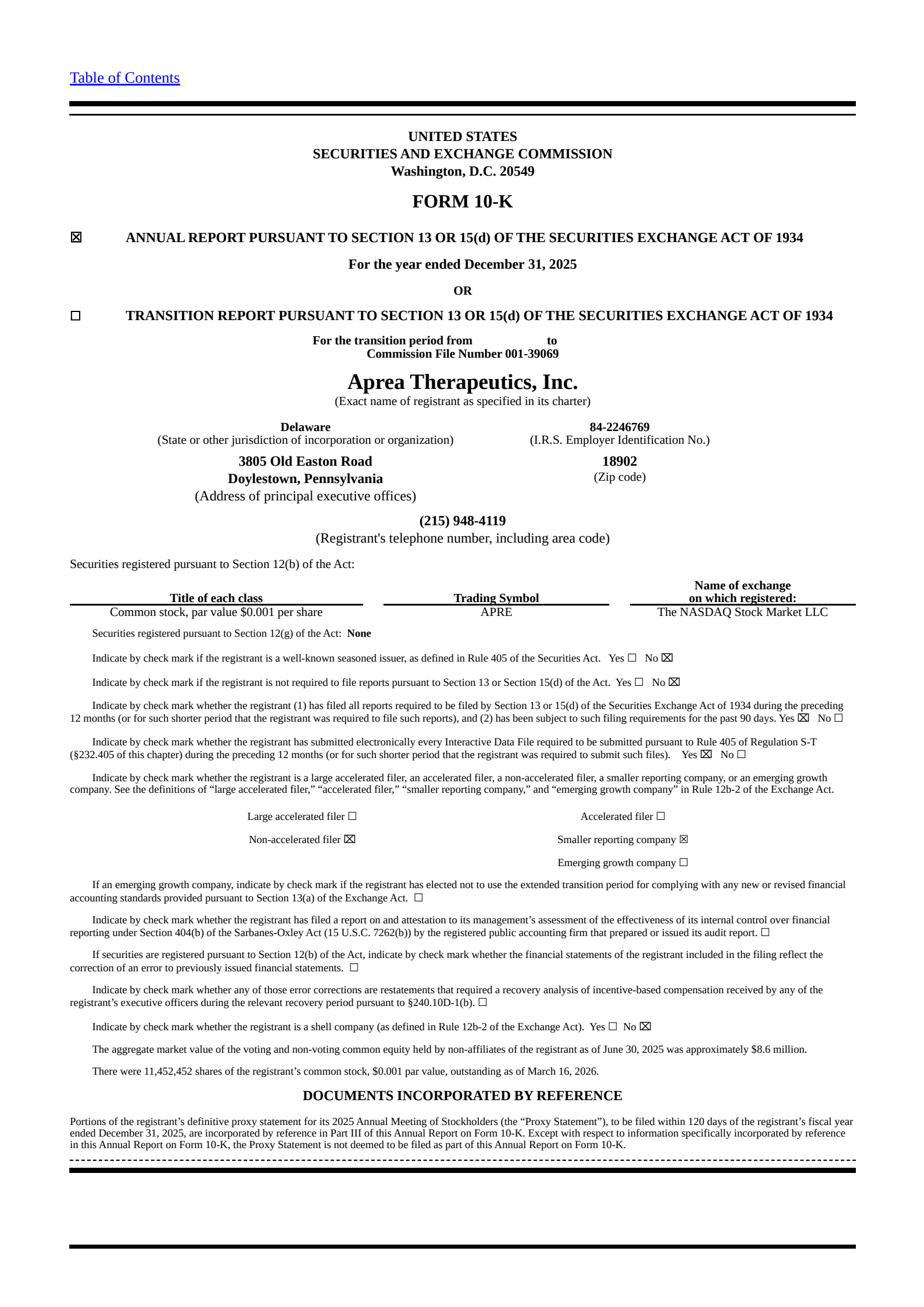 Aprea Therapeutics' Q4 2025 Annual report