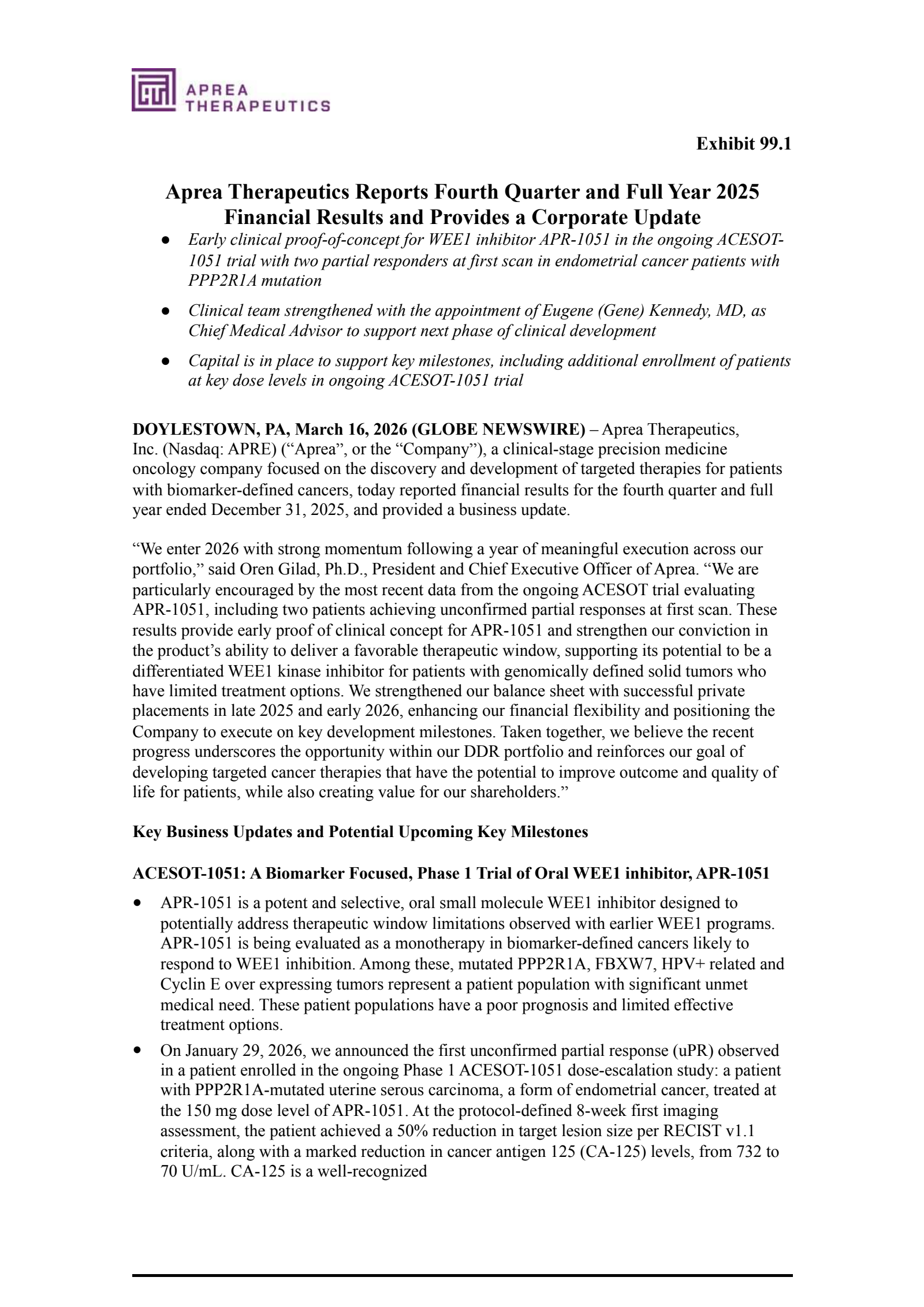 Aprea Therapeutics' Q4 2025 Press Release