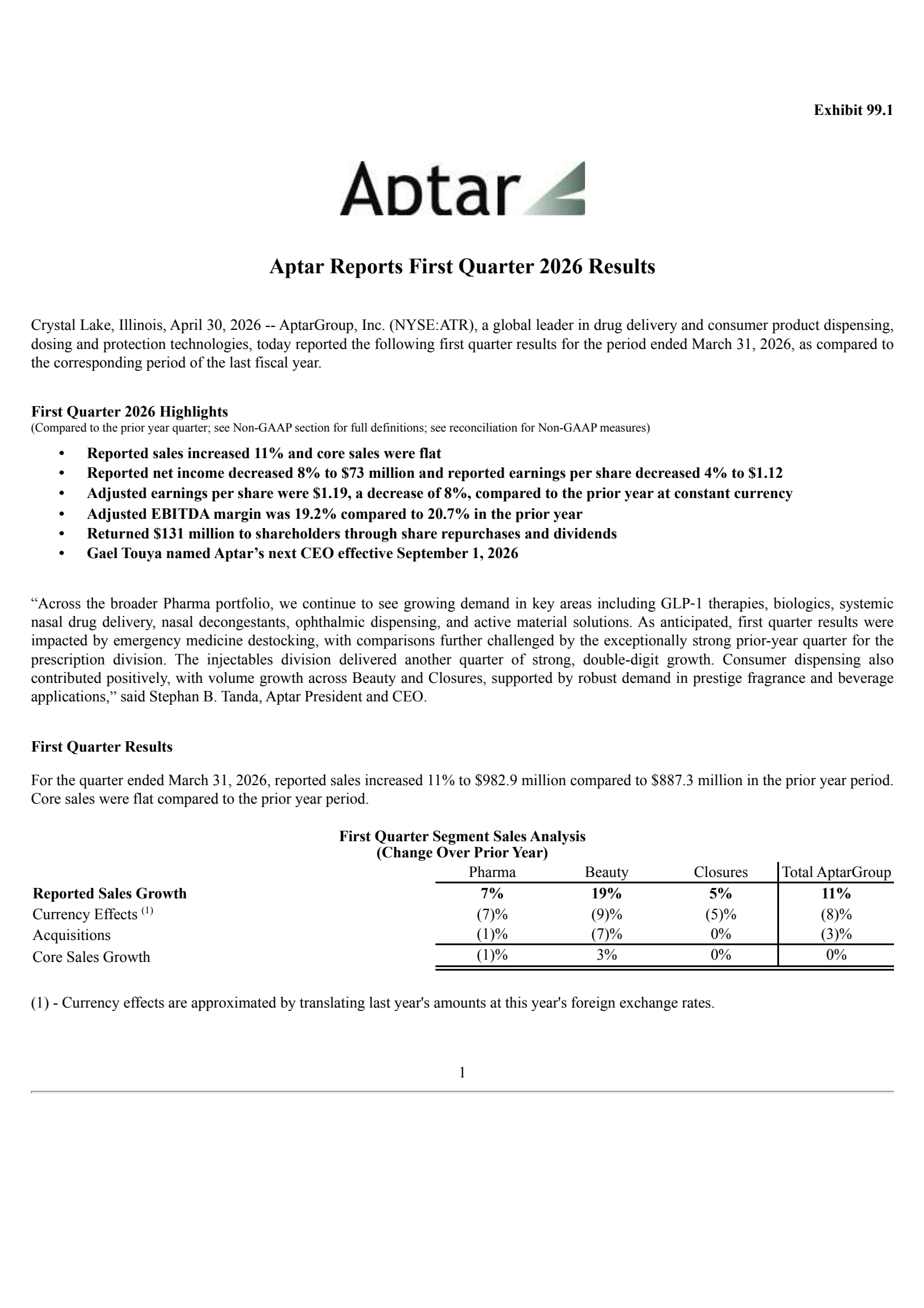 AptarGroup's Q1 2026 Press Release