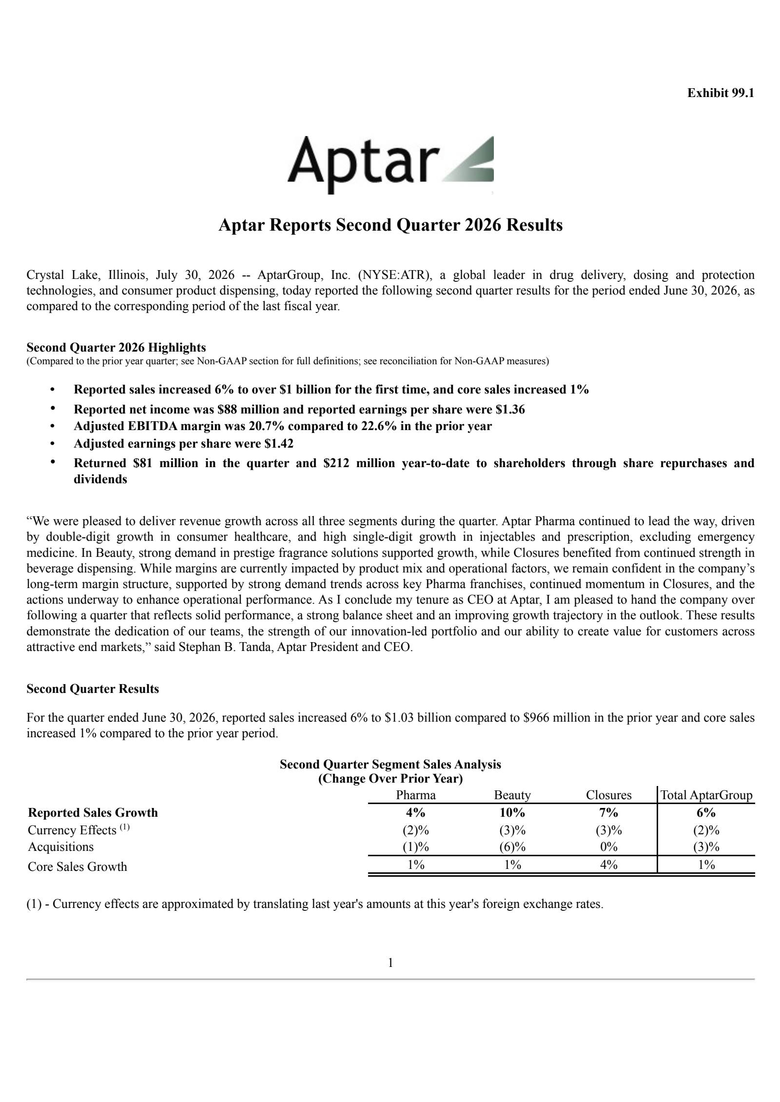 AptarGroup's Q2 2026 Press Release