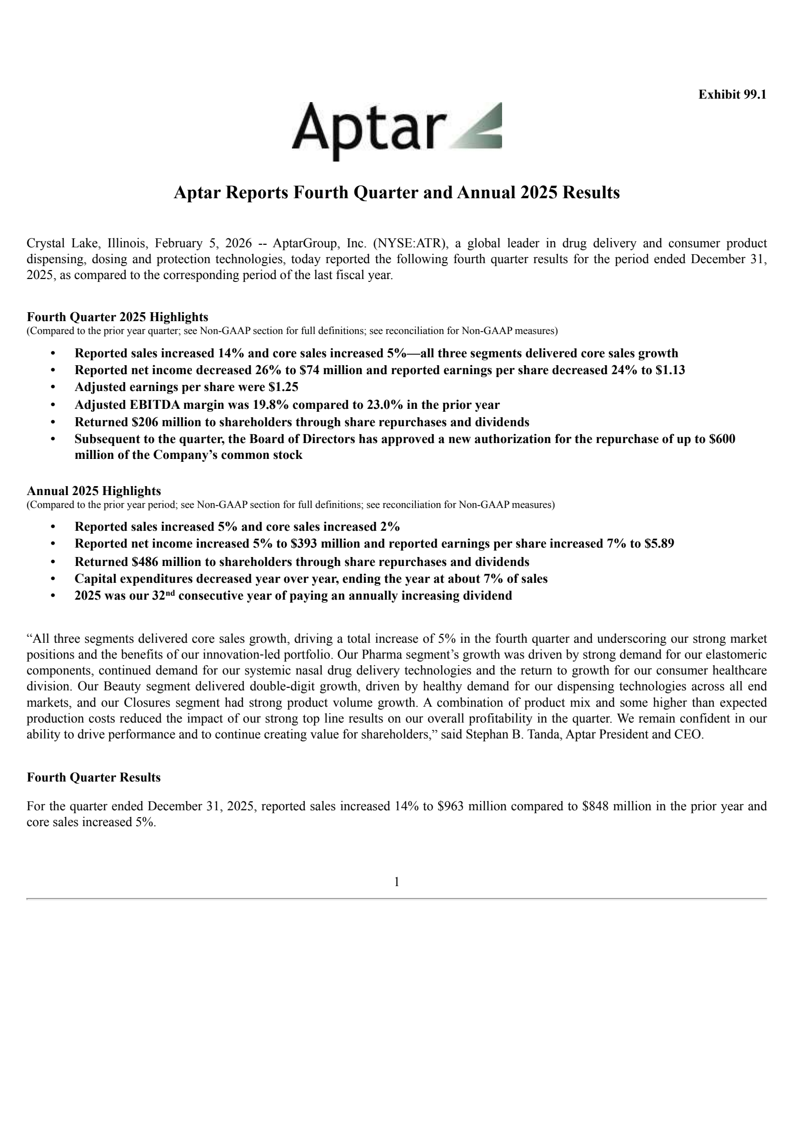 AptarGroup's Q4 2025 Press Release