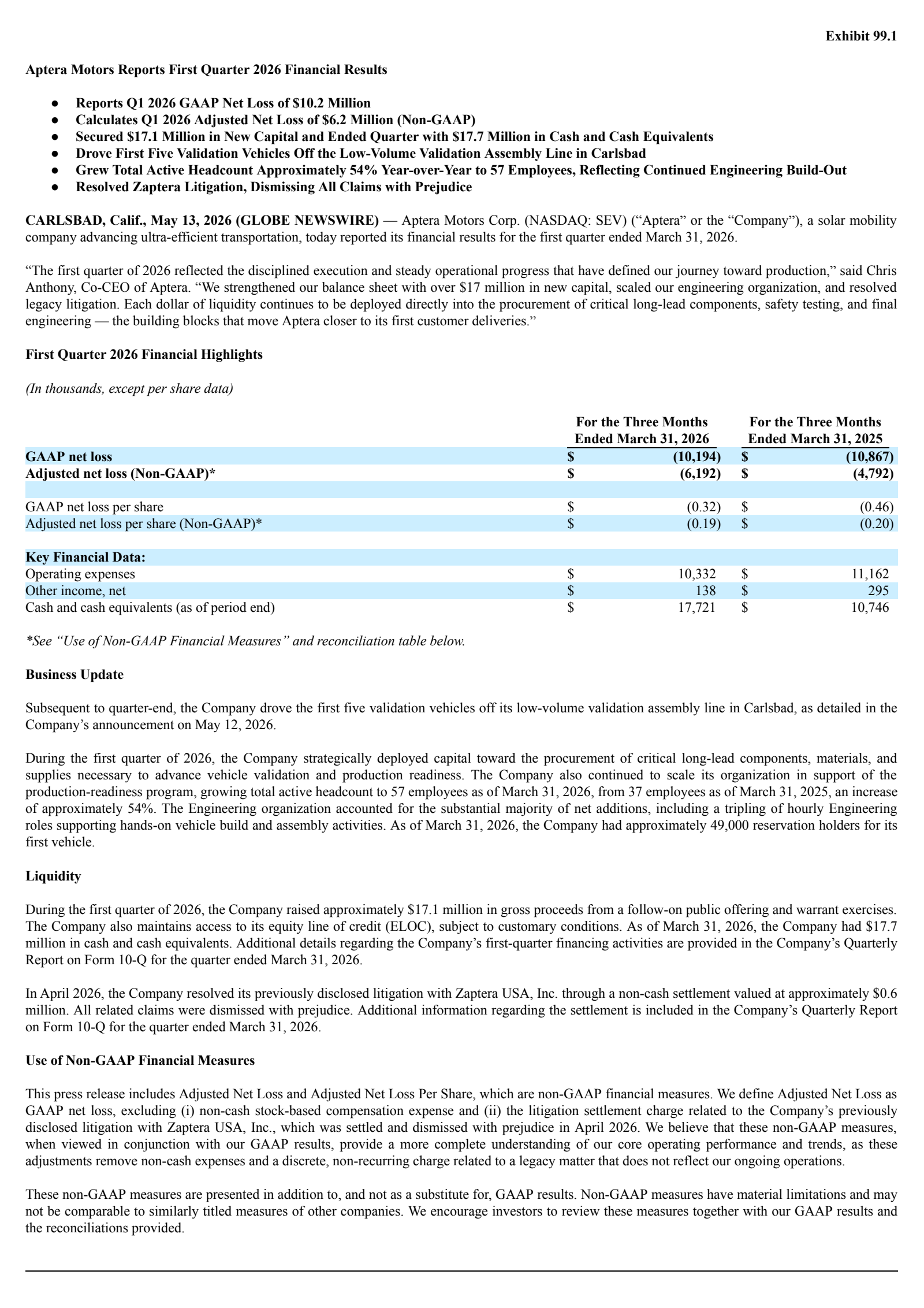 Aptera Motors' Q1 2026 Press Release
