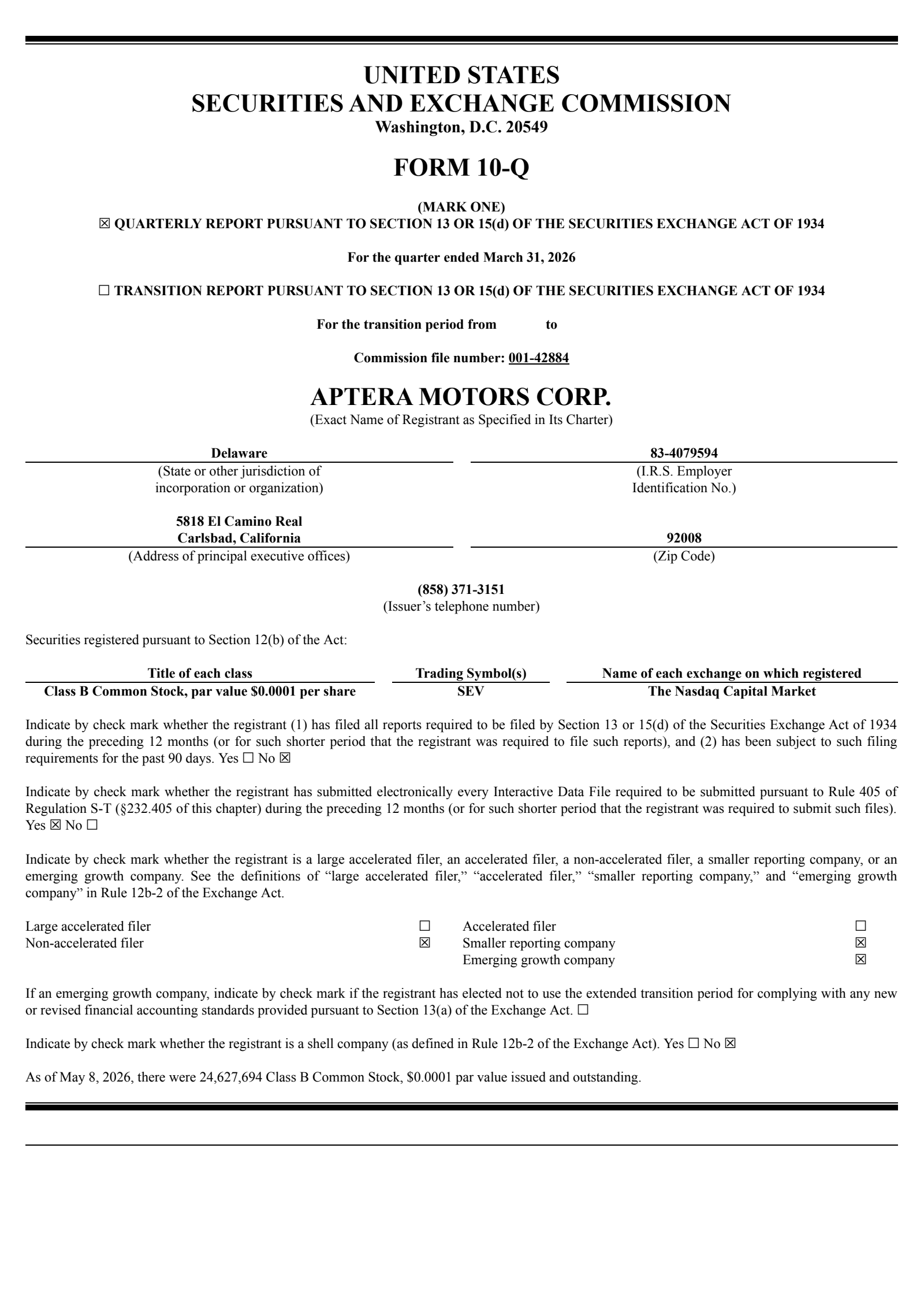 Aptera Motors' Q1 2026 Quarterly report