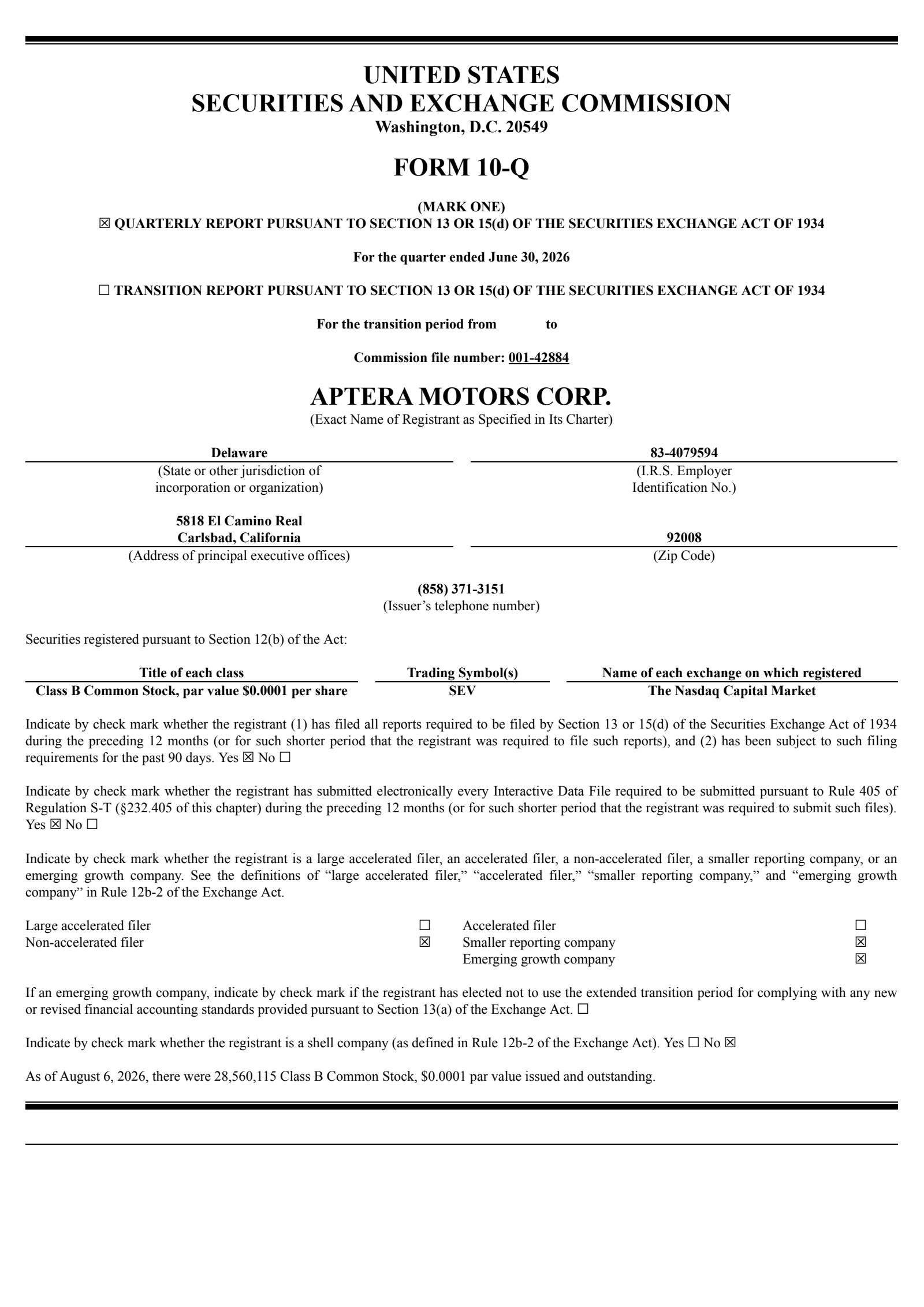 Aptera Motors' Q2 2026 Quarterly report
