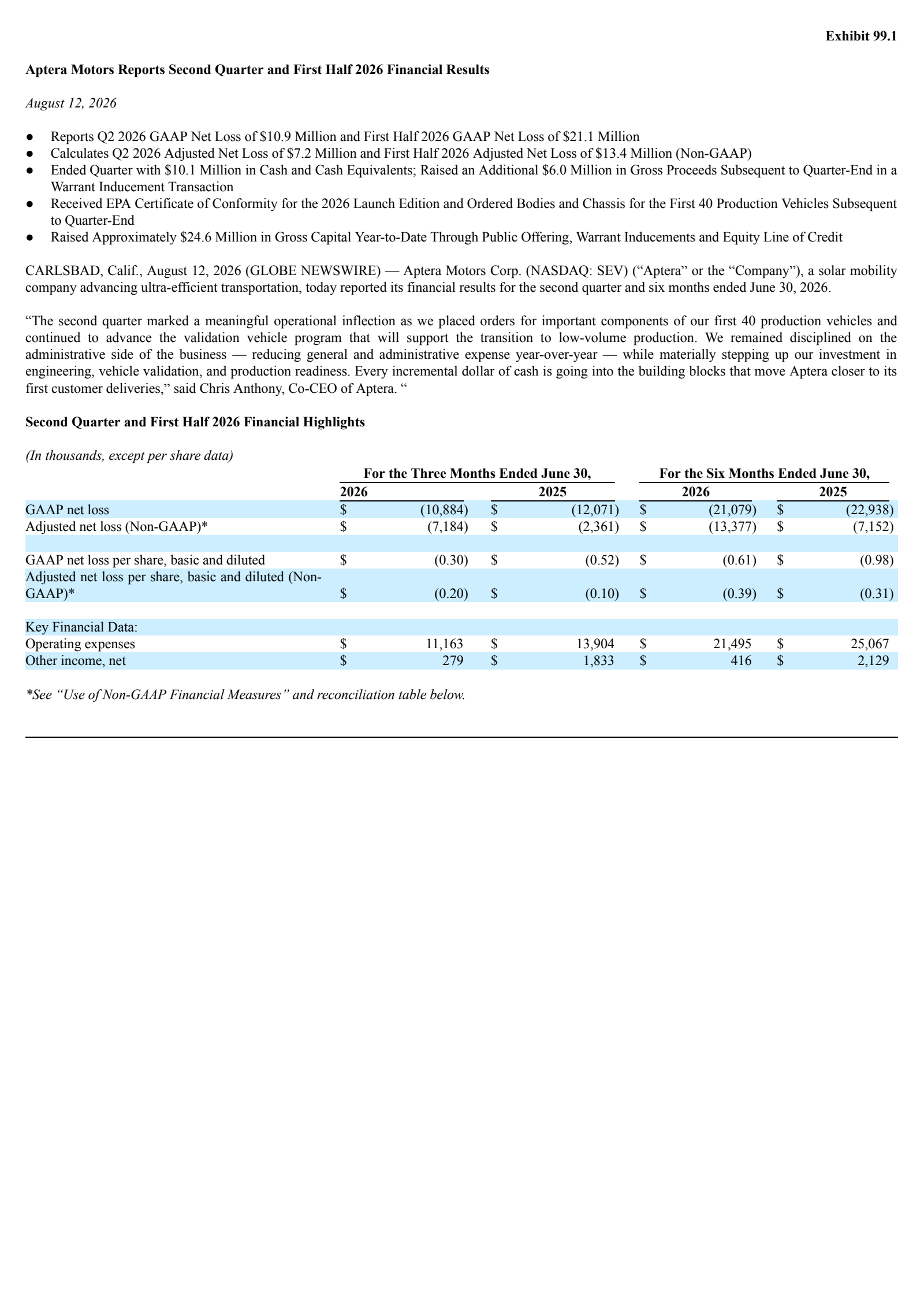 Aptera Motors' Q2 2026 Press Release