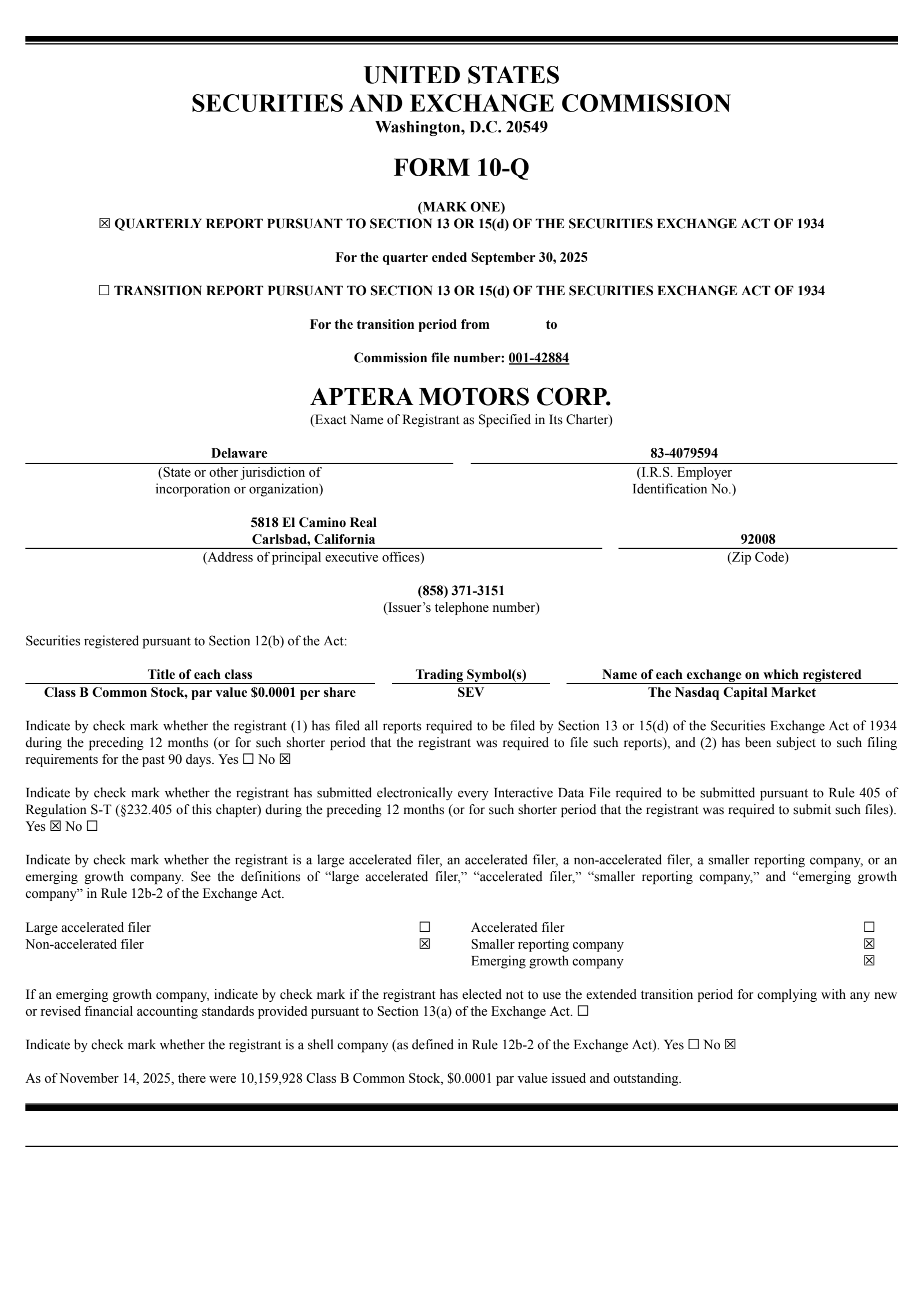 Aptera Motors' Q3 2025 Quarterly report