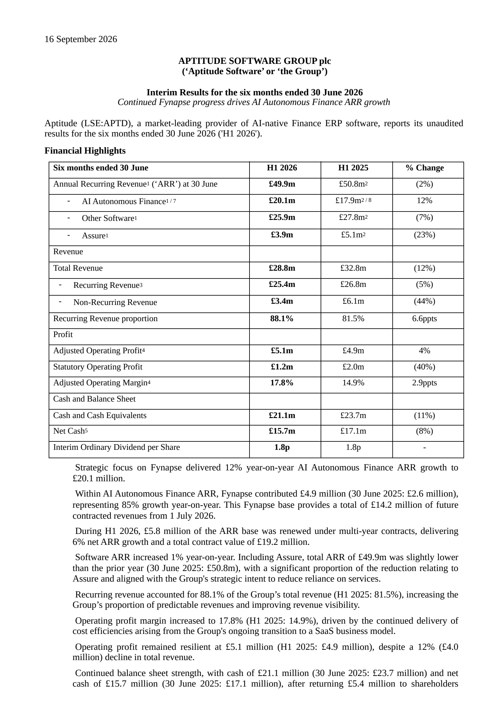 Aptitude Software Group's H1 2026 Interim report