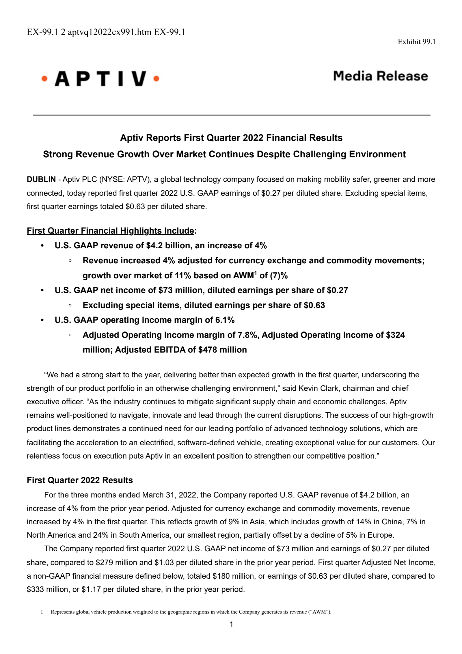 Aptiv's Q1 2022 Press Release