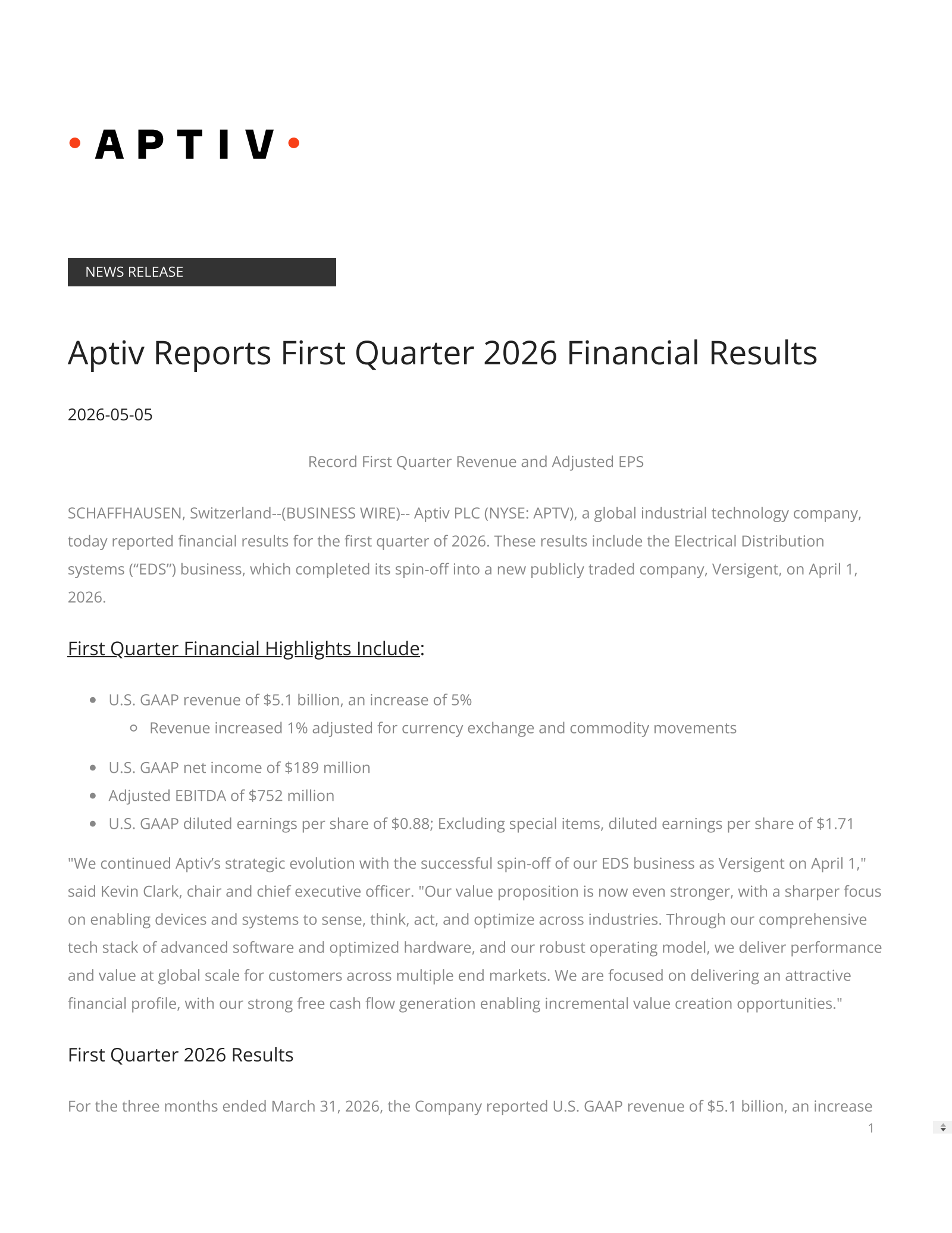 Aptiv's Q1 2026 Press Release