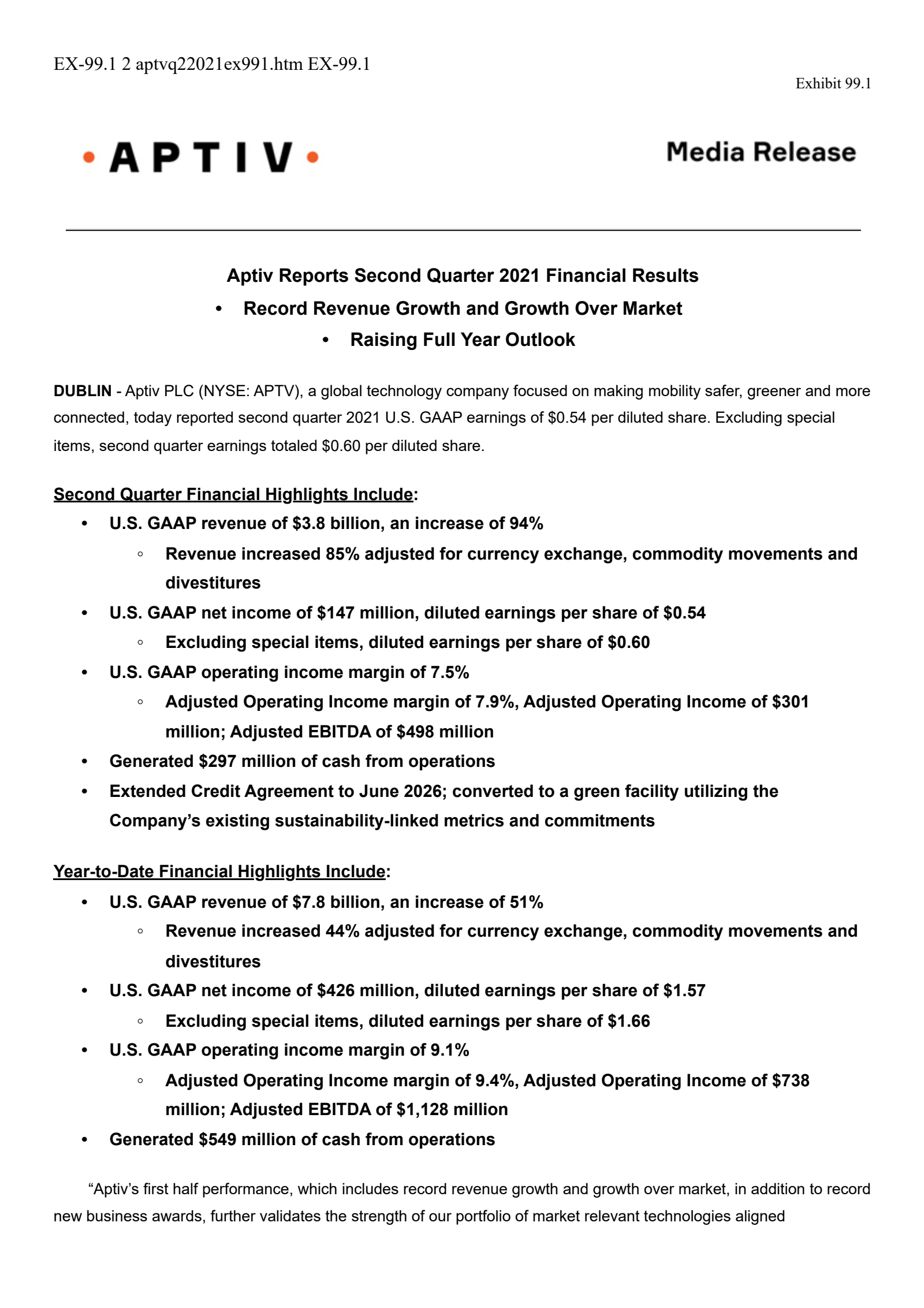 Aptiv's Q2 2021 Press Release